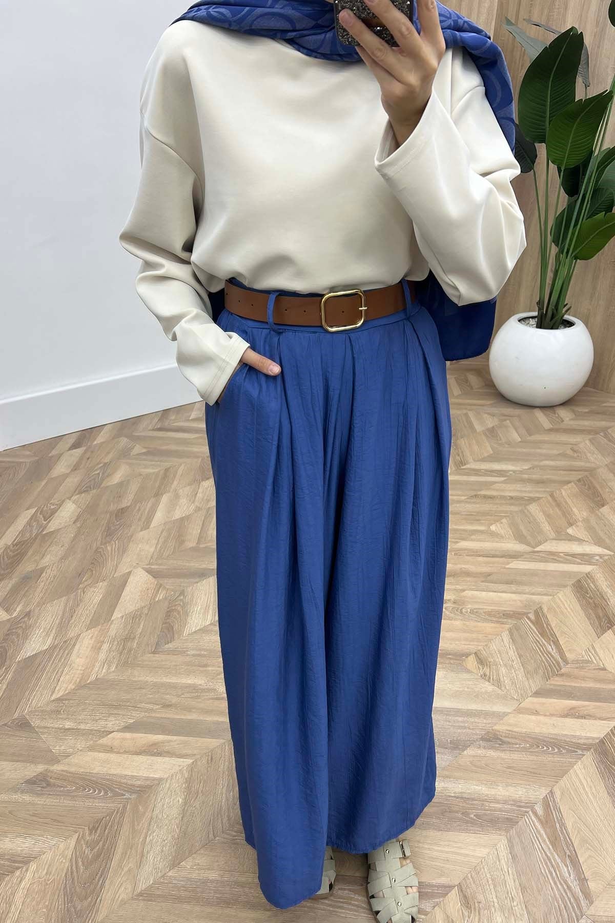 Modern Kemerli Dökümlü Çilek Pantalon İndigo