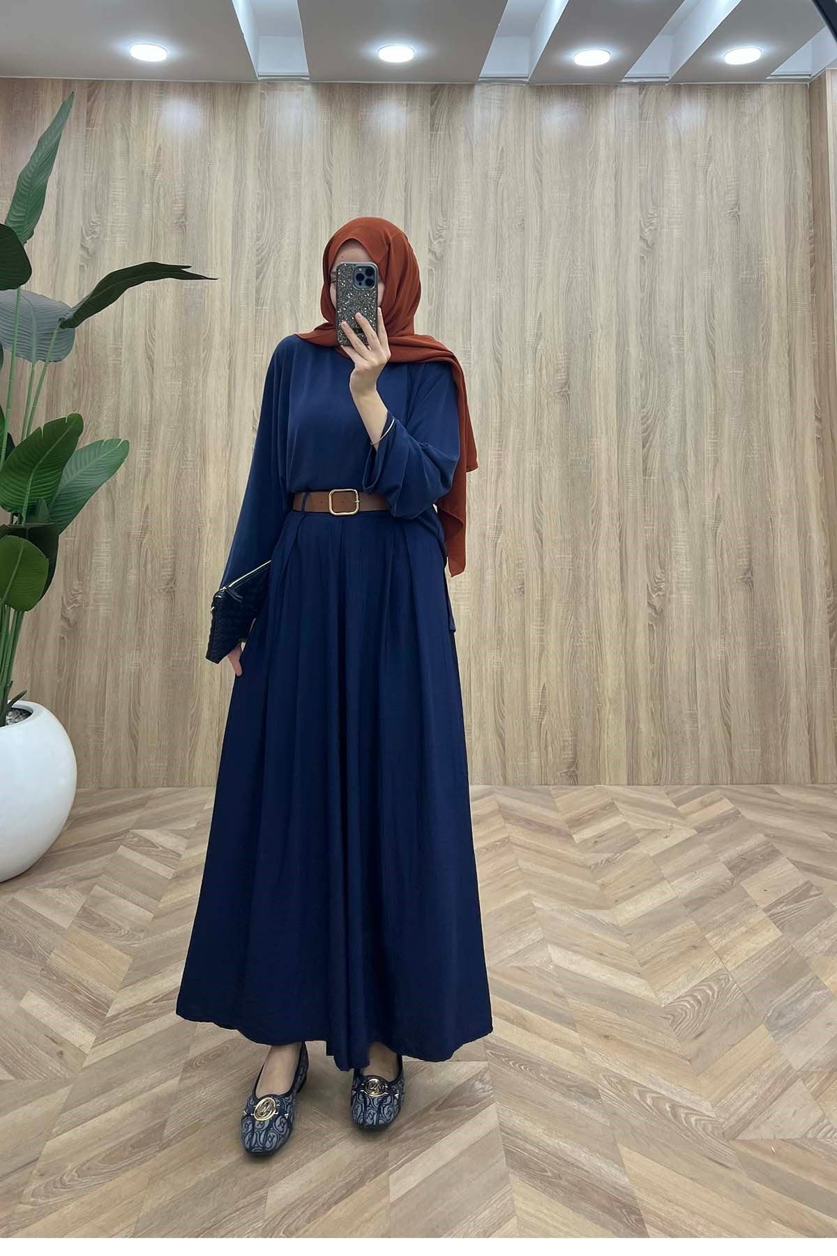Modern Kemerli Dökümlü Çilek Pantalon Lacivert