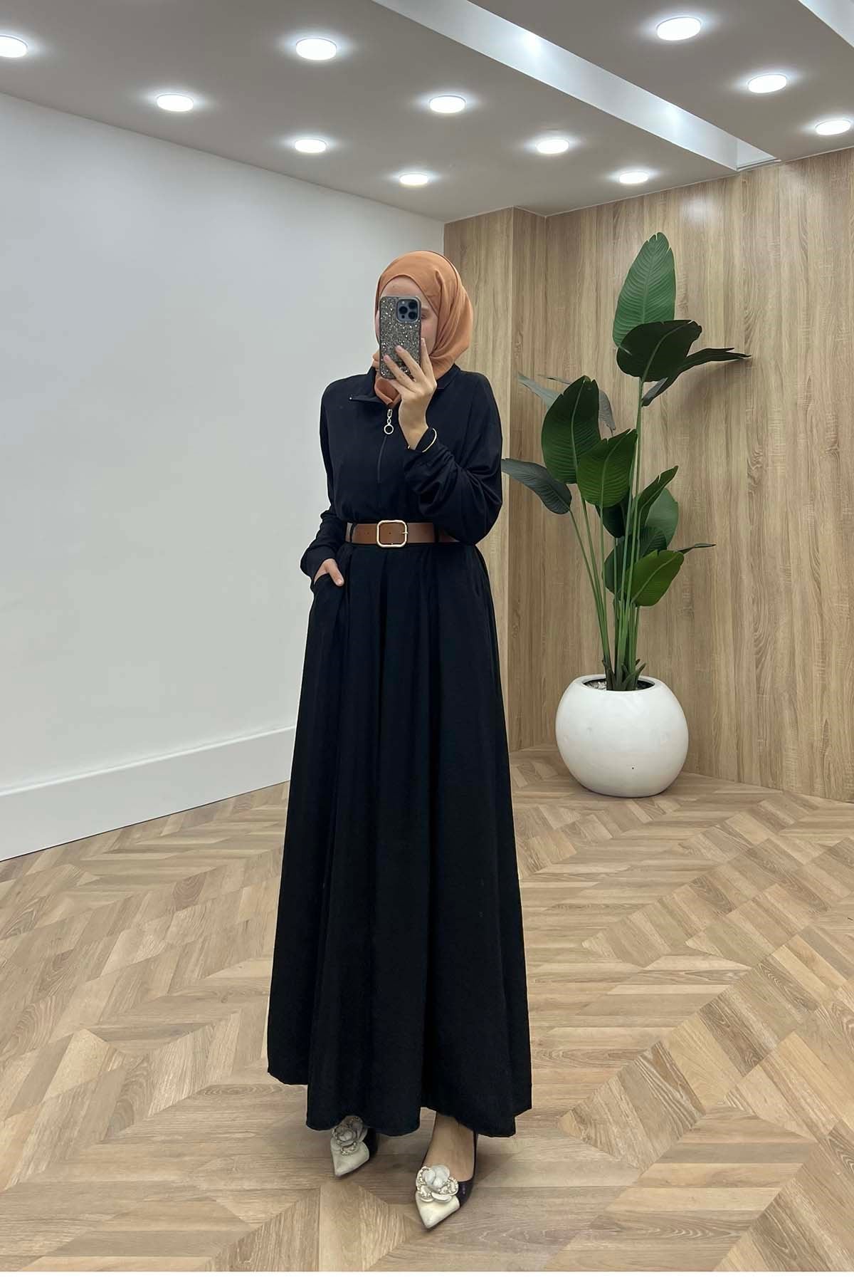 Modern Kemerli Dökümlü Çilek Pantalon Siyah