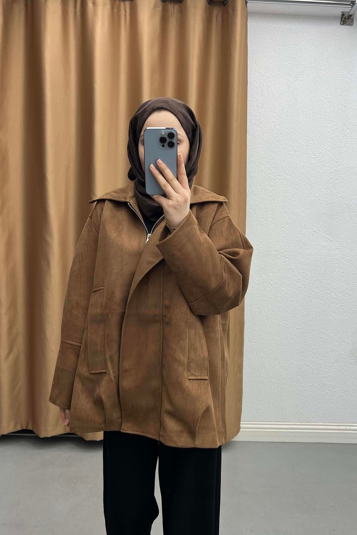 Modern Kesim Oversize Astarlı Süet Ceket Kahve