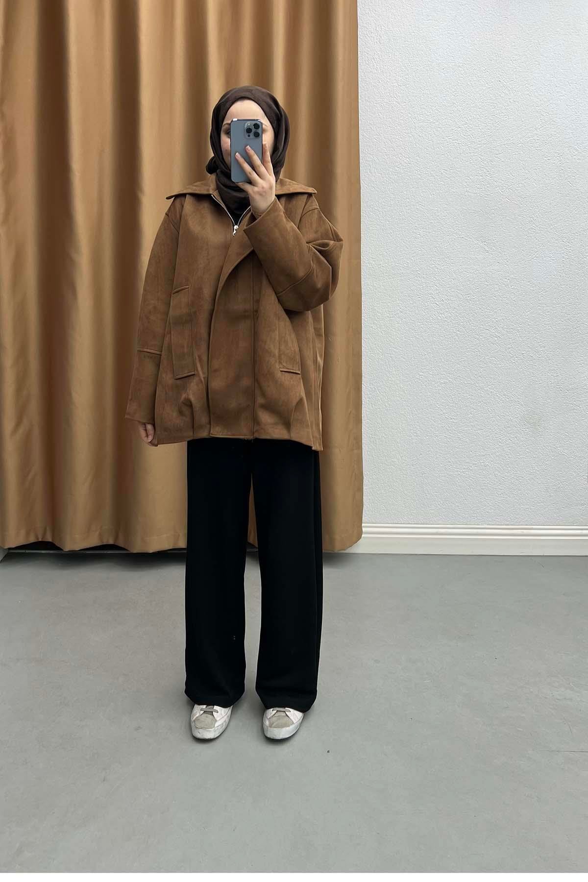 Modern Kesim Oversize Astarlı Süet Ceket Kahve