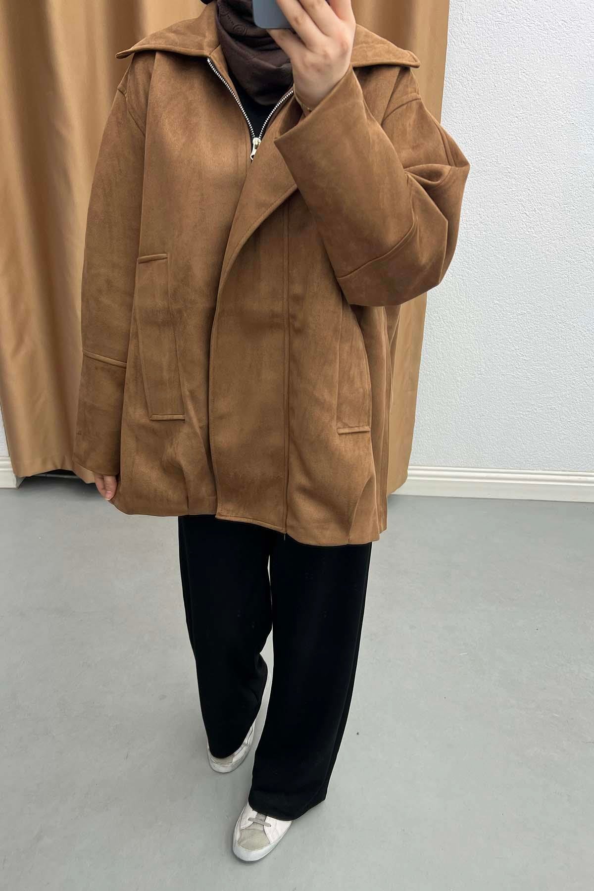 Modern Kesim Oversize Astarlı Süet Ceket Kahve
