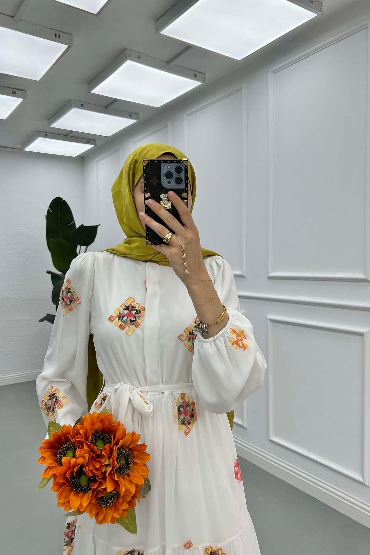 Nakış Detaylı Astarlı Tül Elbise Pembe