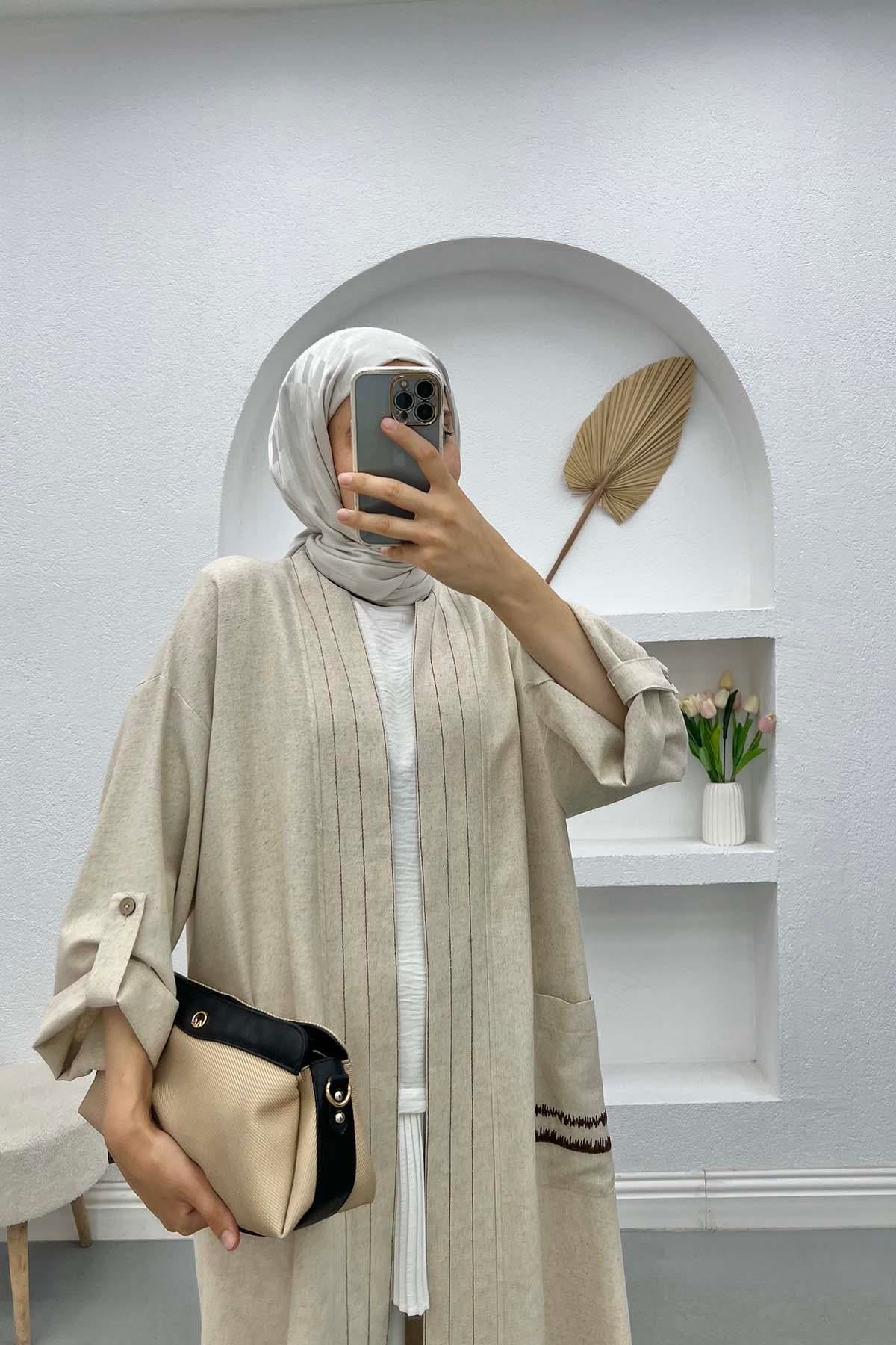 Nakışlı Keten Kimono Taş