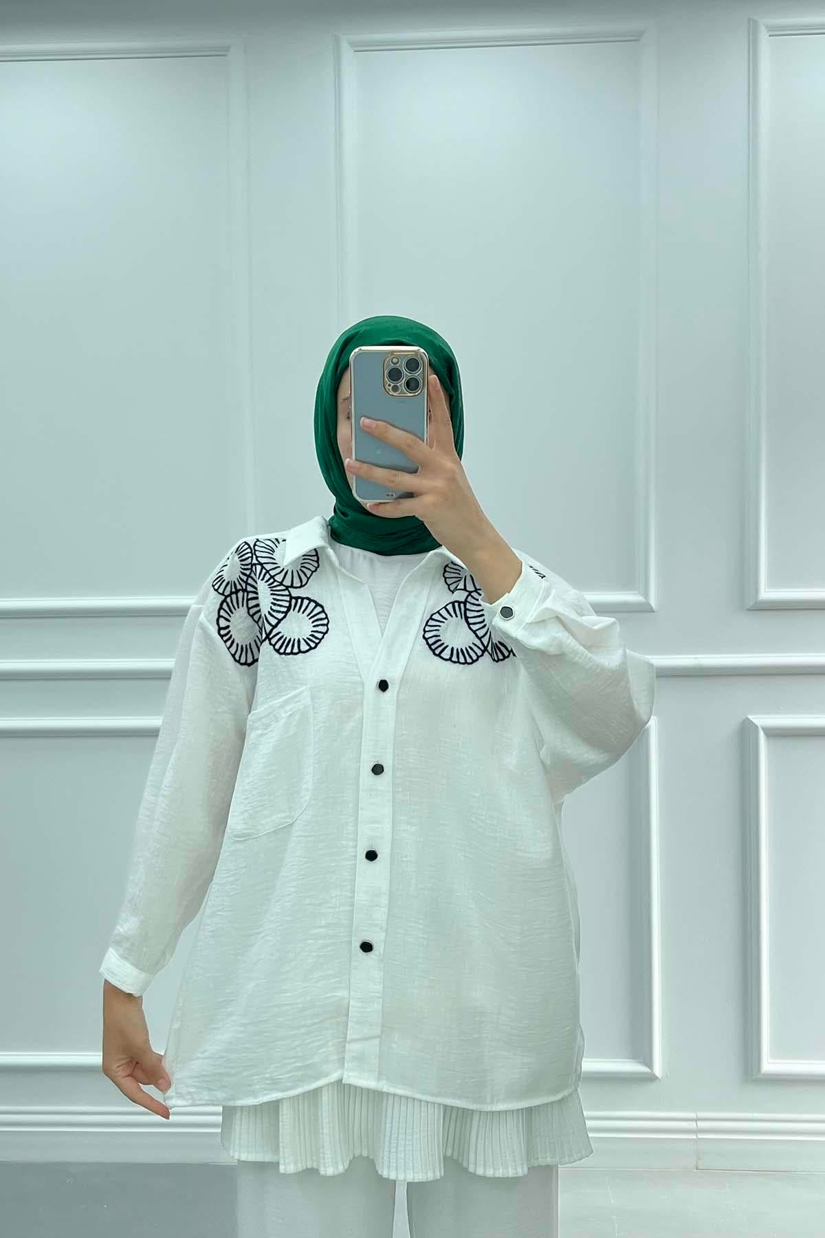 Nakışlı Oversize Gömlek Beyaz