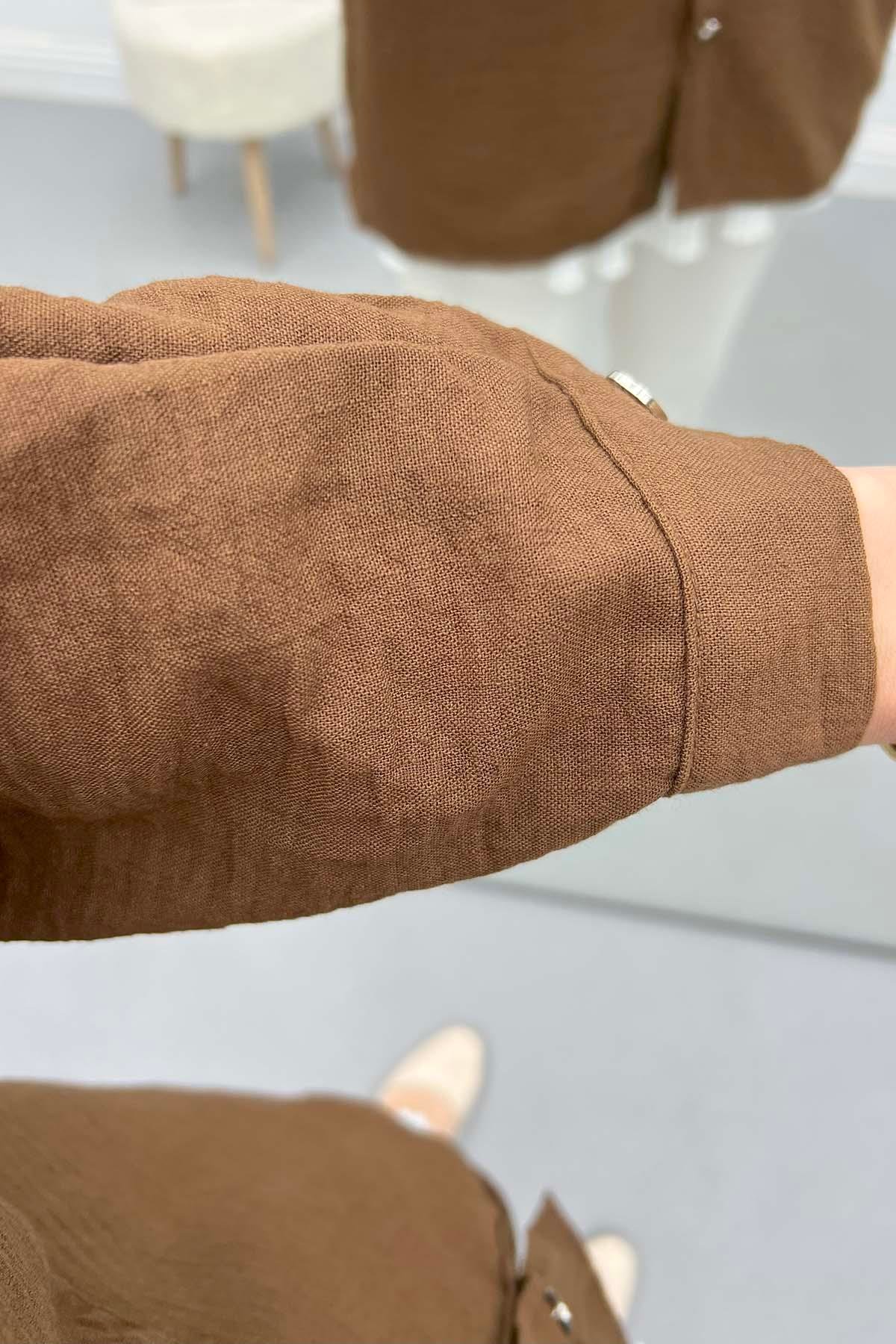Nakışlı Oversize Gömlek Kahve