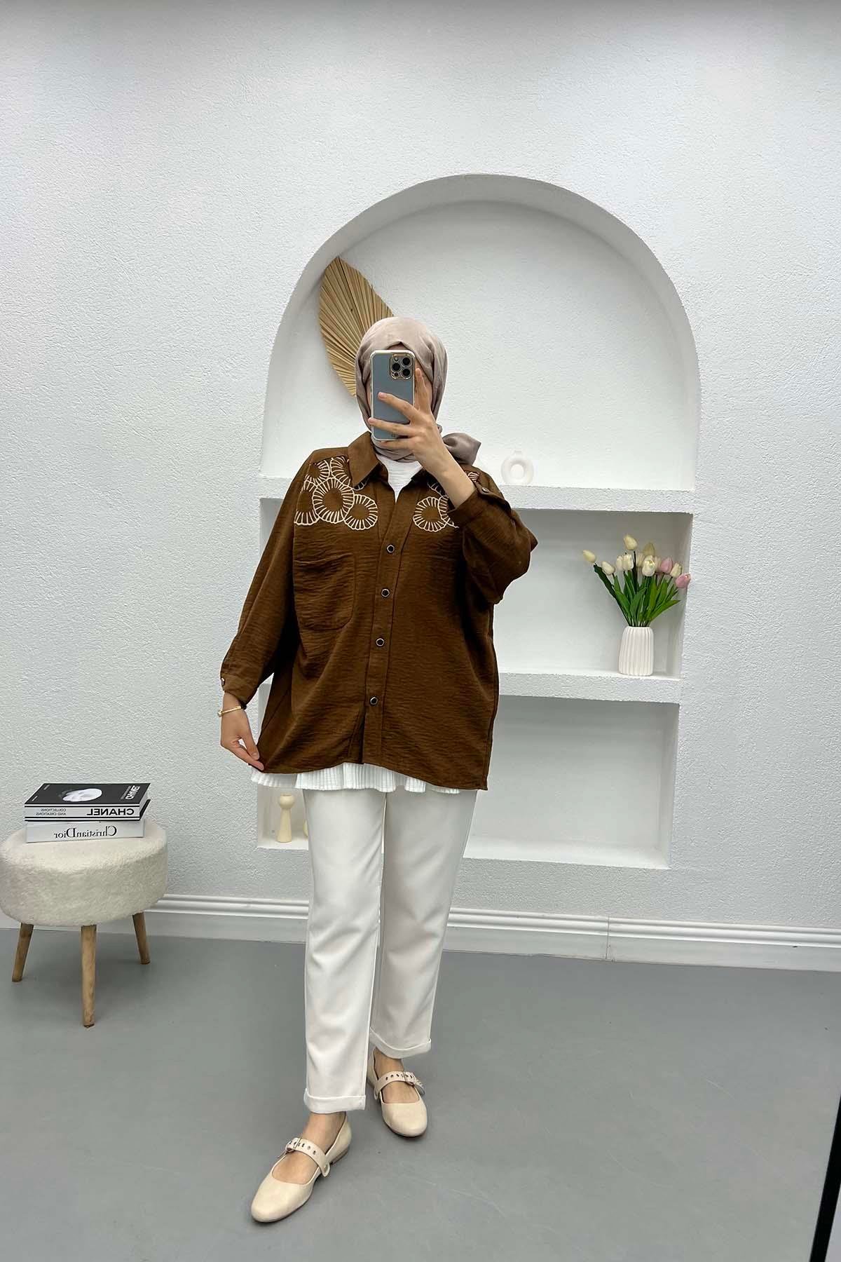 Nakışlı Oversize Gömlek Kahve