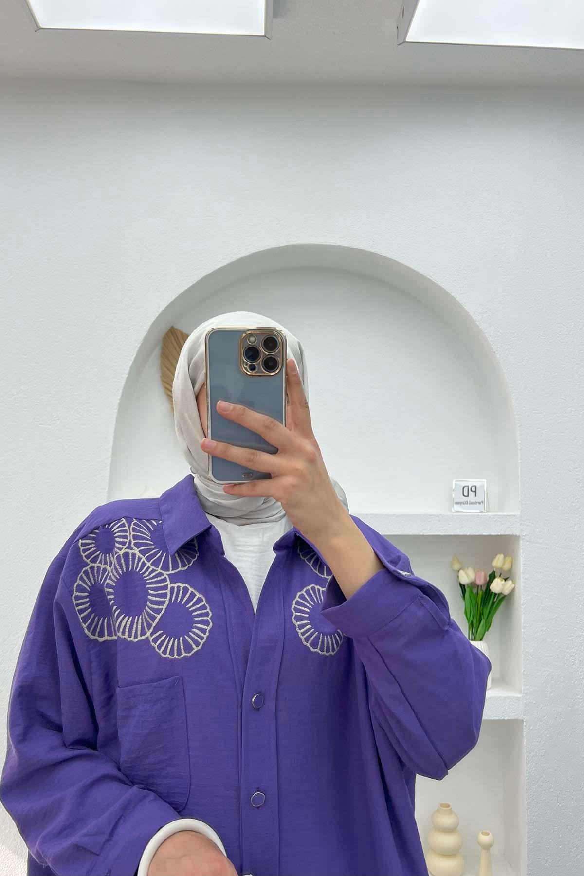 Nakışlı Oversize Gömlek Mor