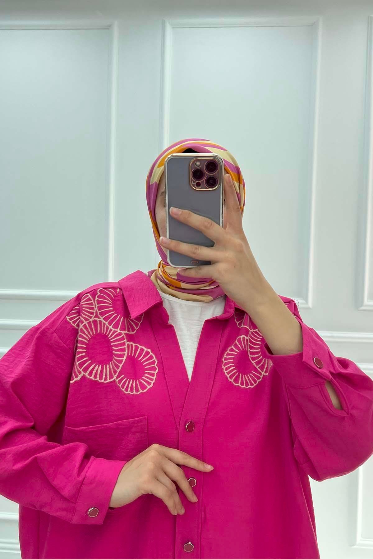Nakışlı Oversize Gömlek Pembe