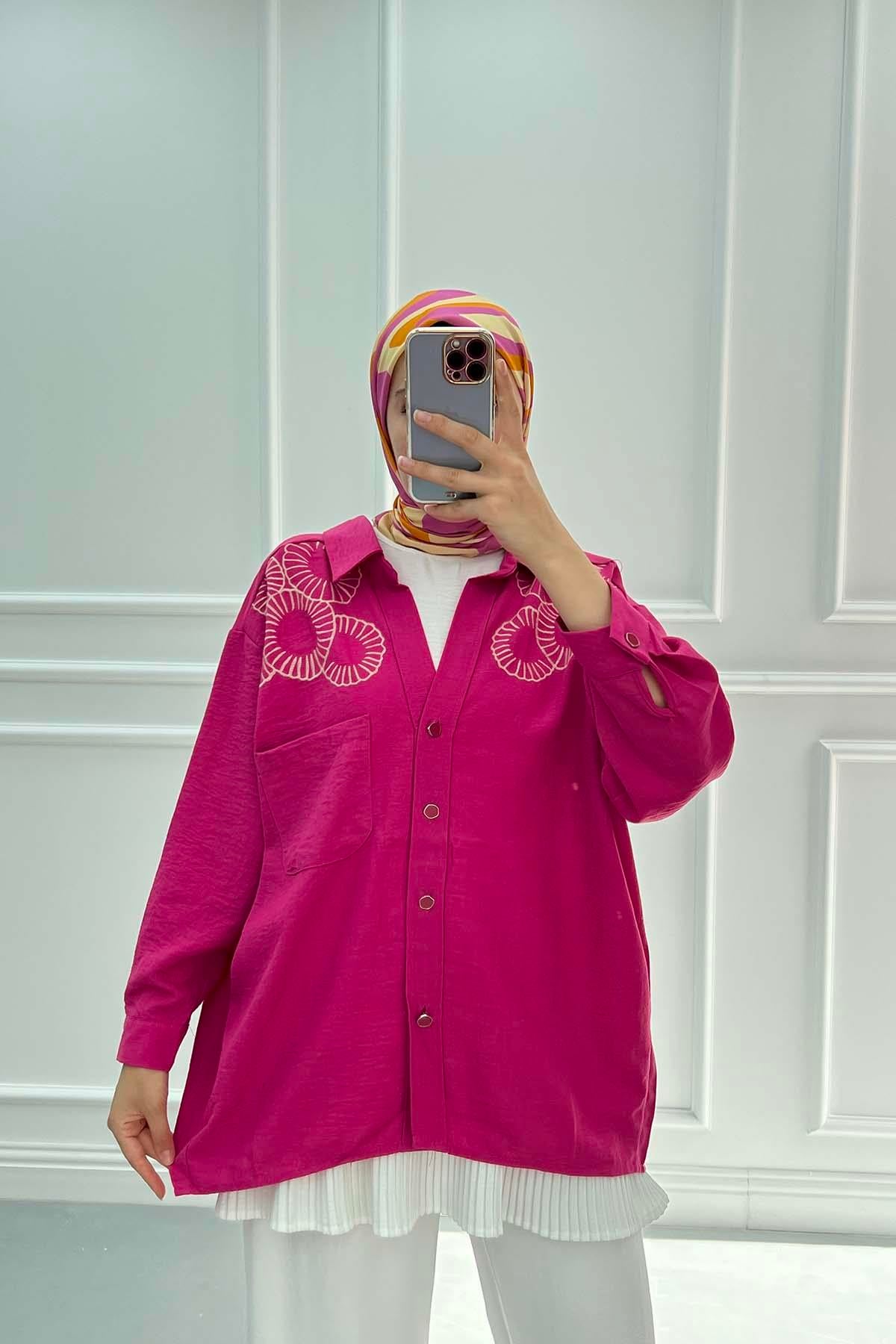 Nakışlı Oversize Gömlek Pembe