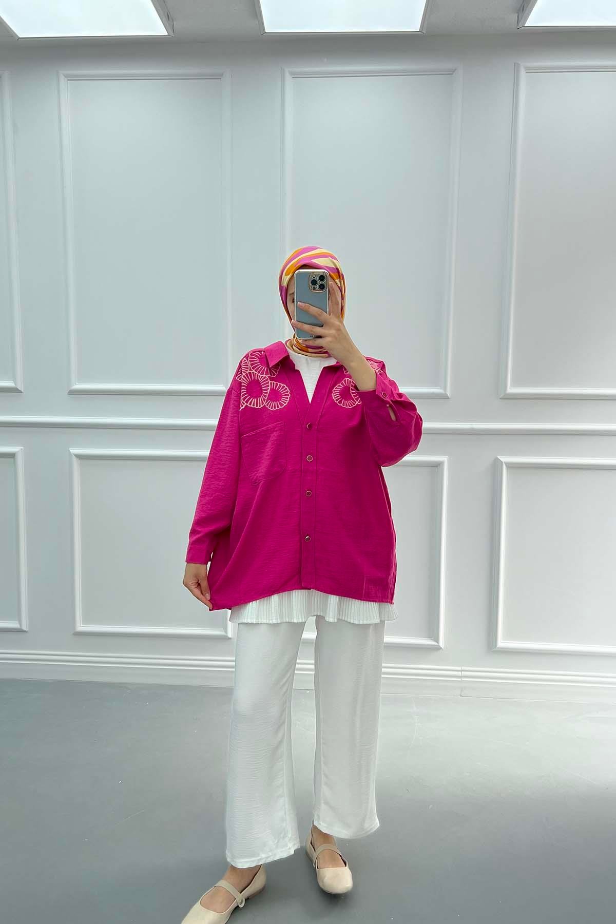 Nakışlı Oversize Gömlek Pembe