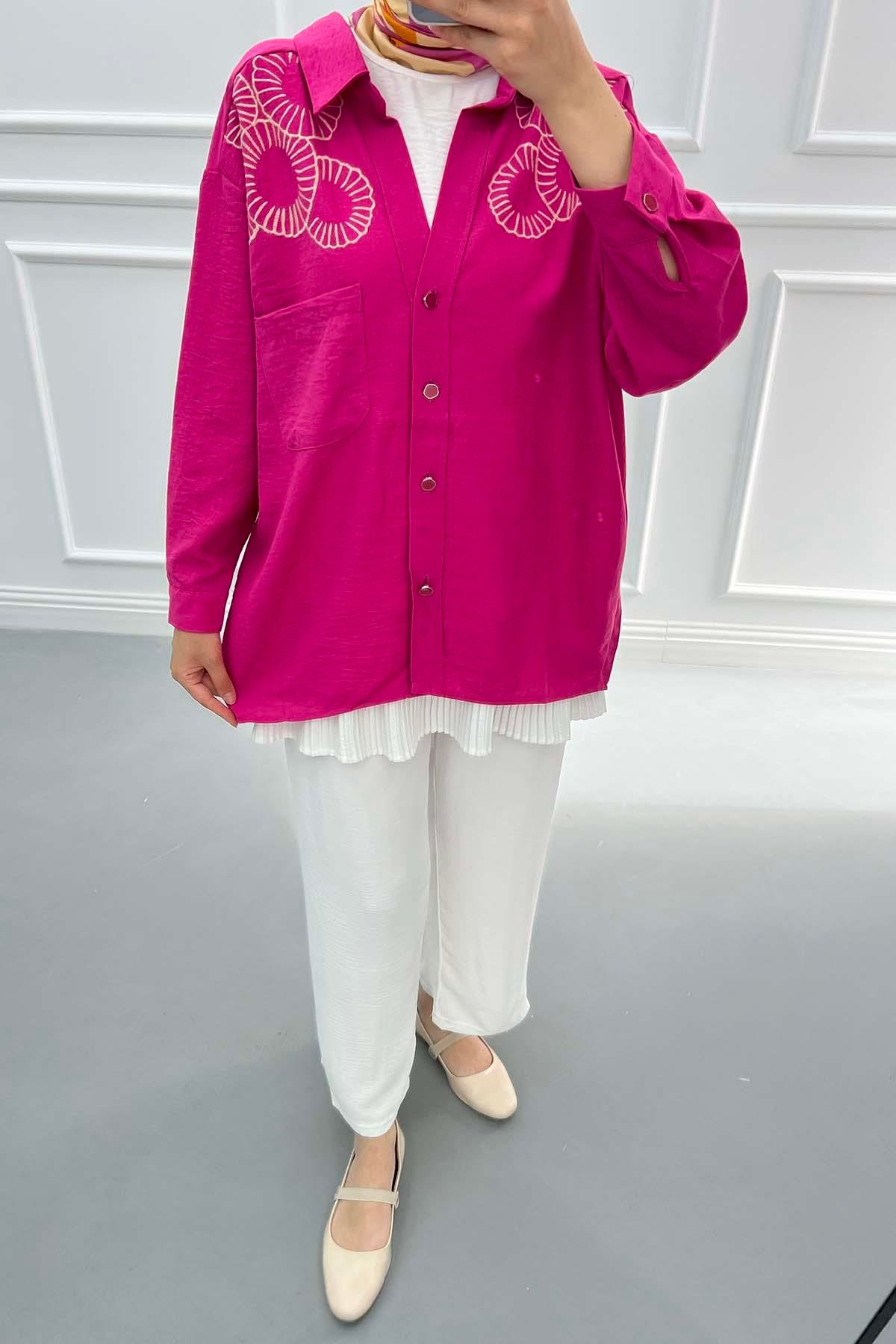 Nakışlı Oversize Gömlek Pembe