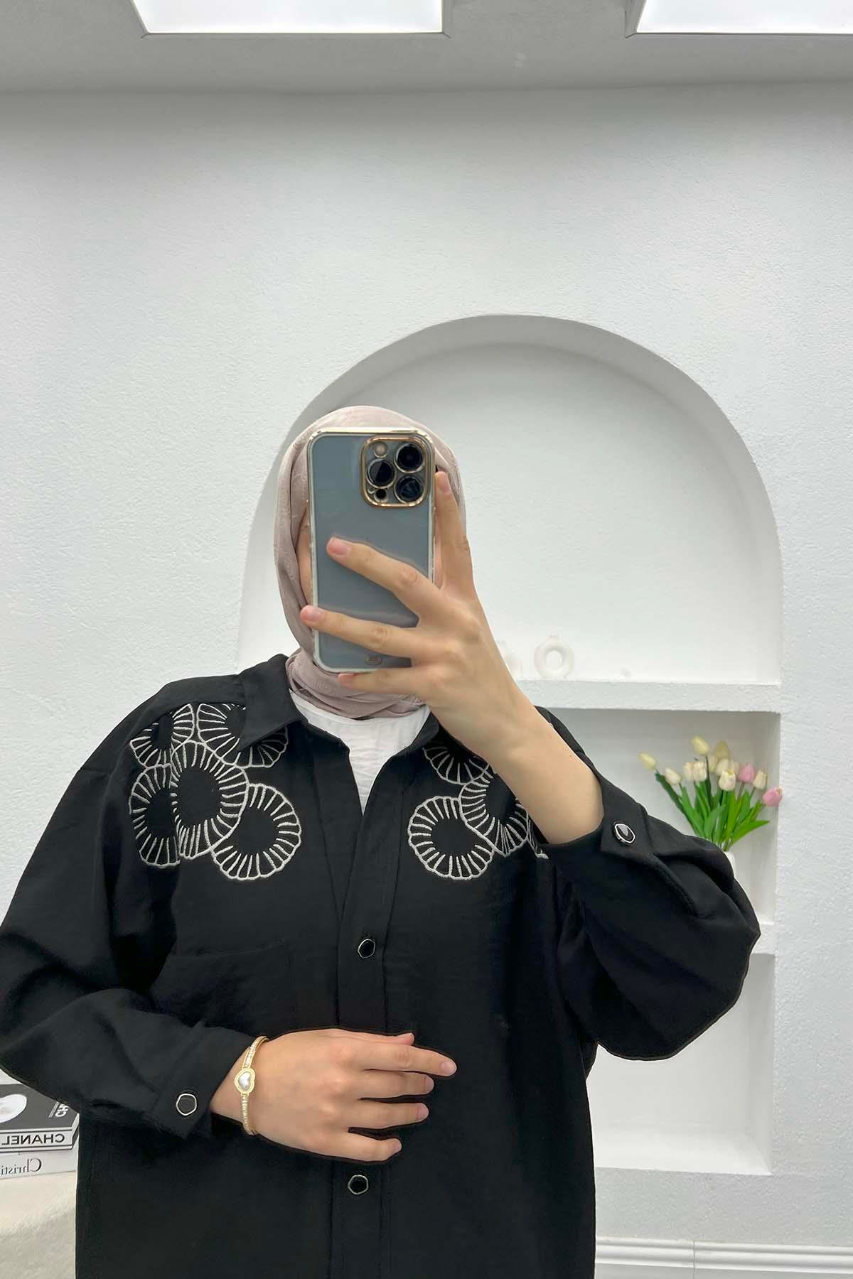 Nakışlı Oversize Gömlek Siyah