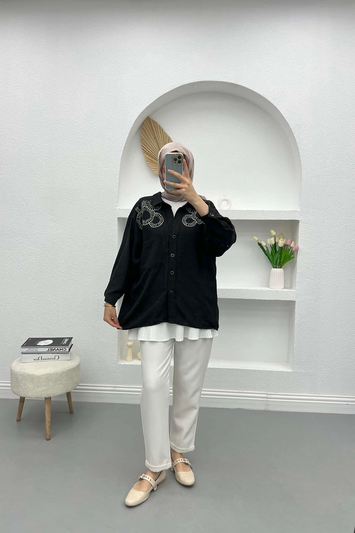 Nakışlı Oversize Gömlek Siyah
