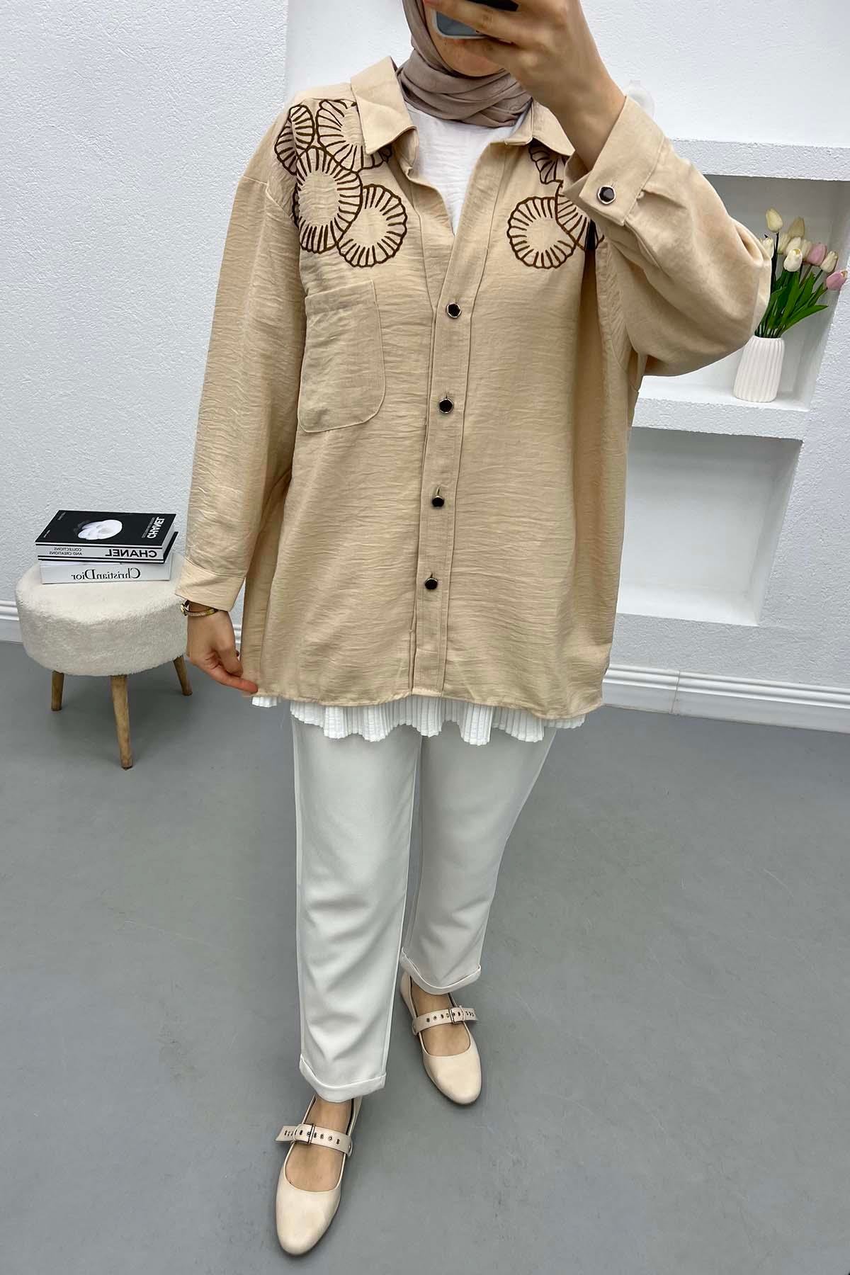 Nakışlı Oversize Gömlek Taş