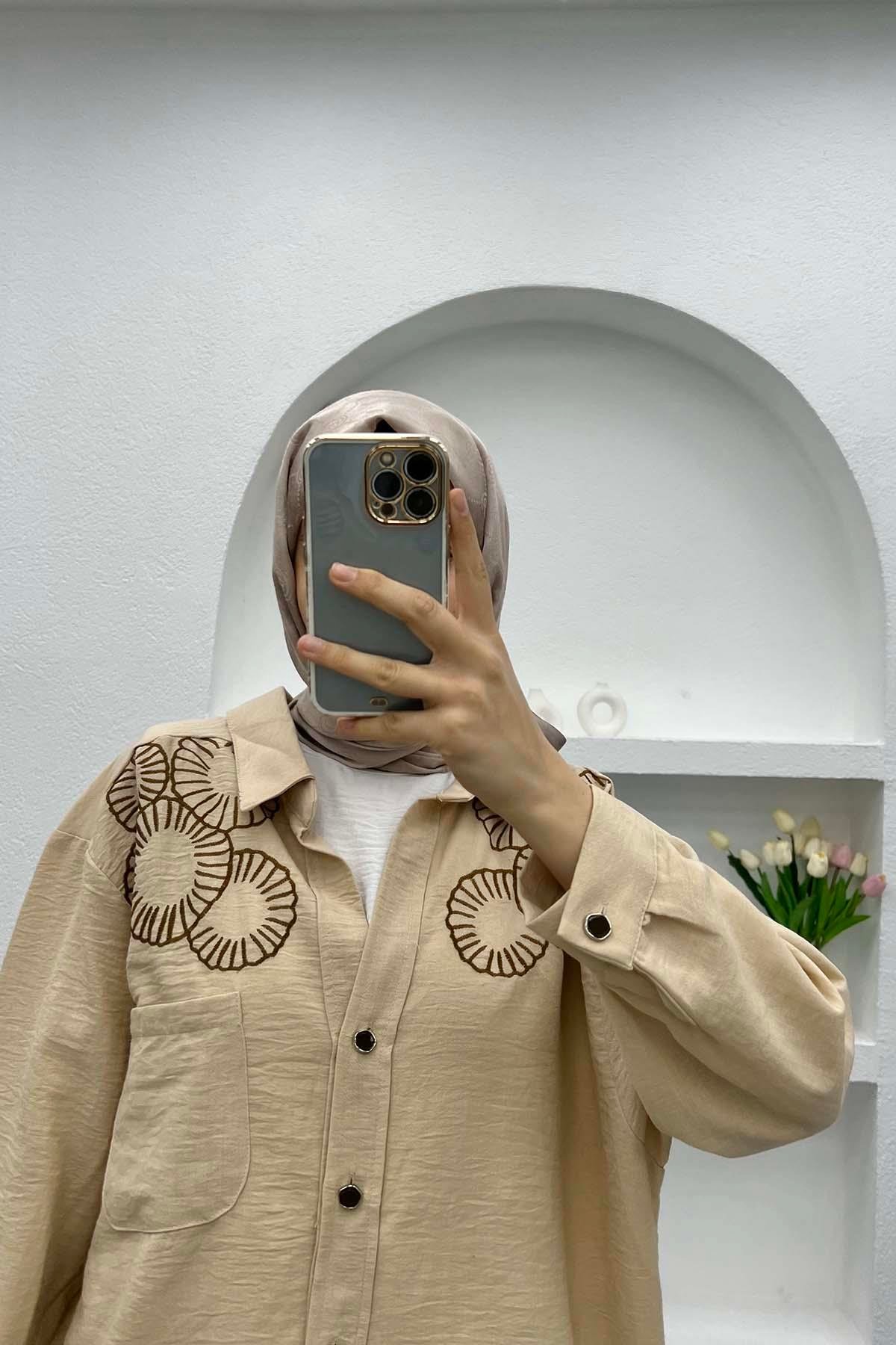 Nakışlı Oversize Gömlek Taş