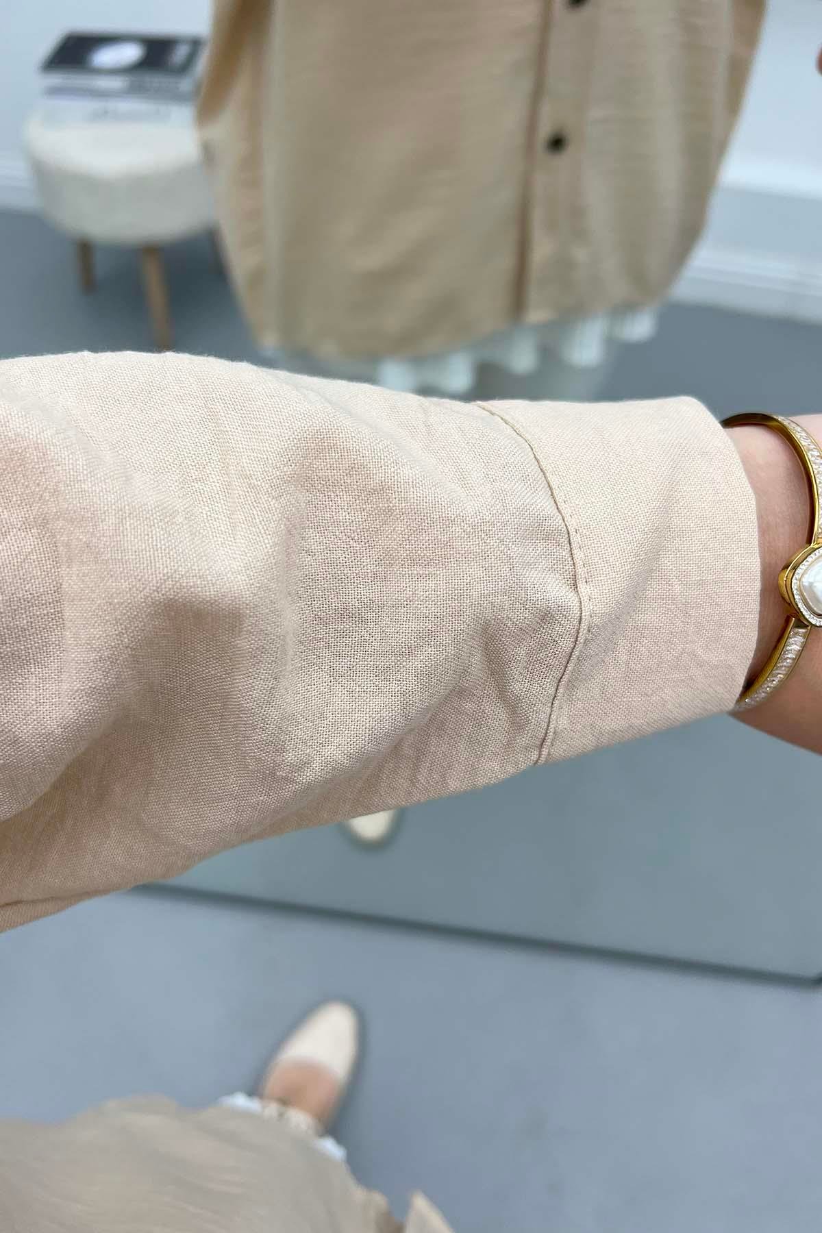 Nakışlı Oversize Gömlek Taş