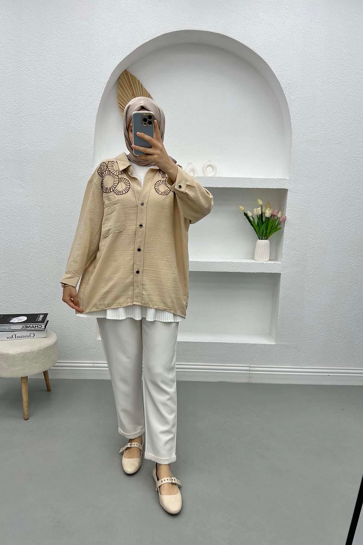 Nakışlı Oversize Gömlek Taş