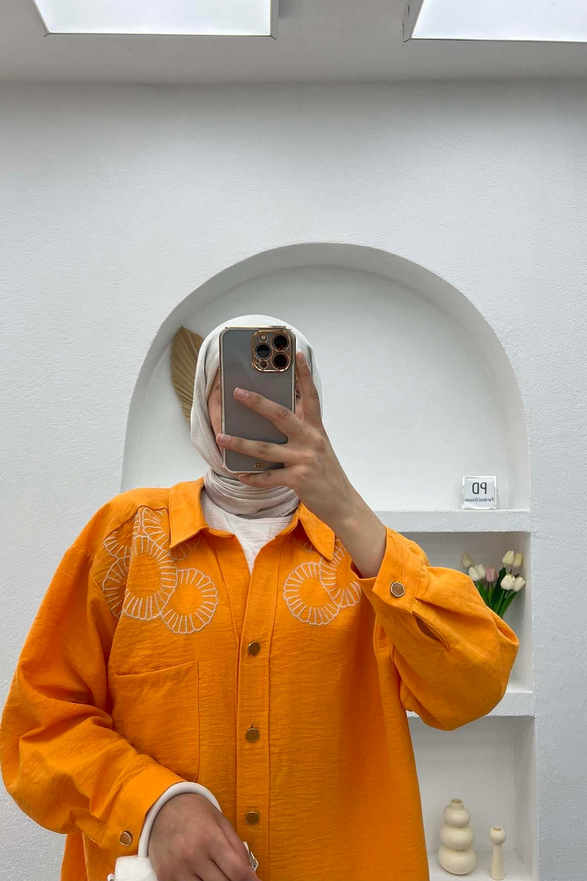 Nakışlı Oversize Gömlek Turuncu