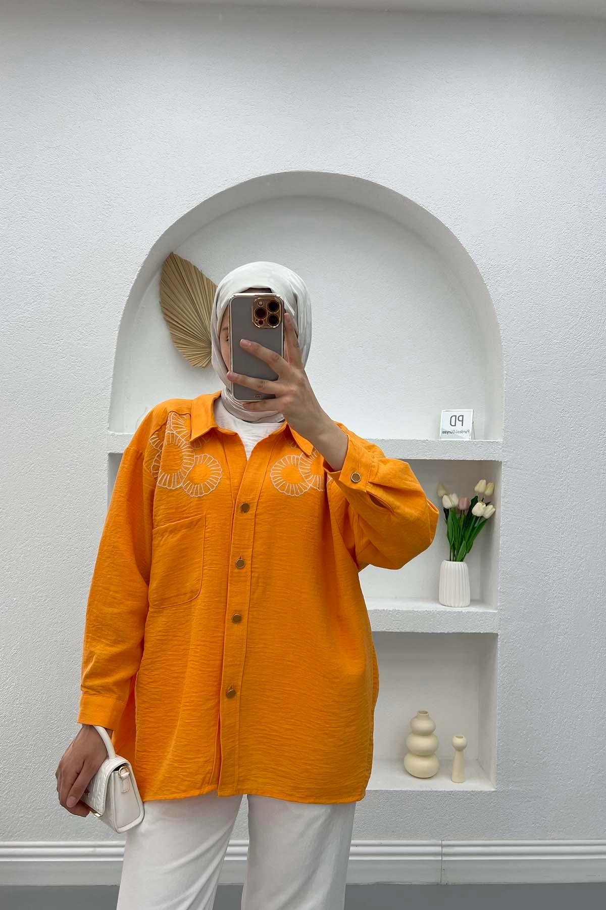 Nakışlı Oversize Gömlek Turuncu