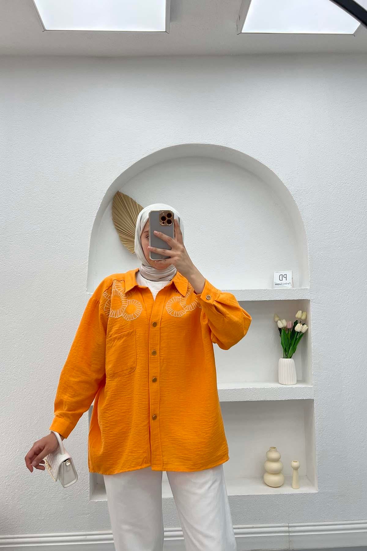 Nakışlı Oversize Gömlek Turuncu
