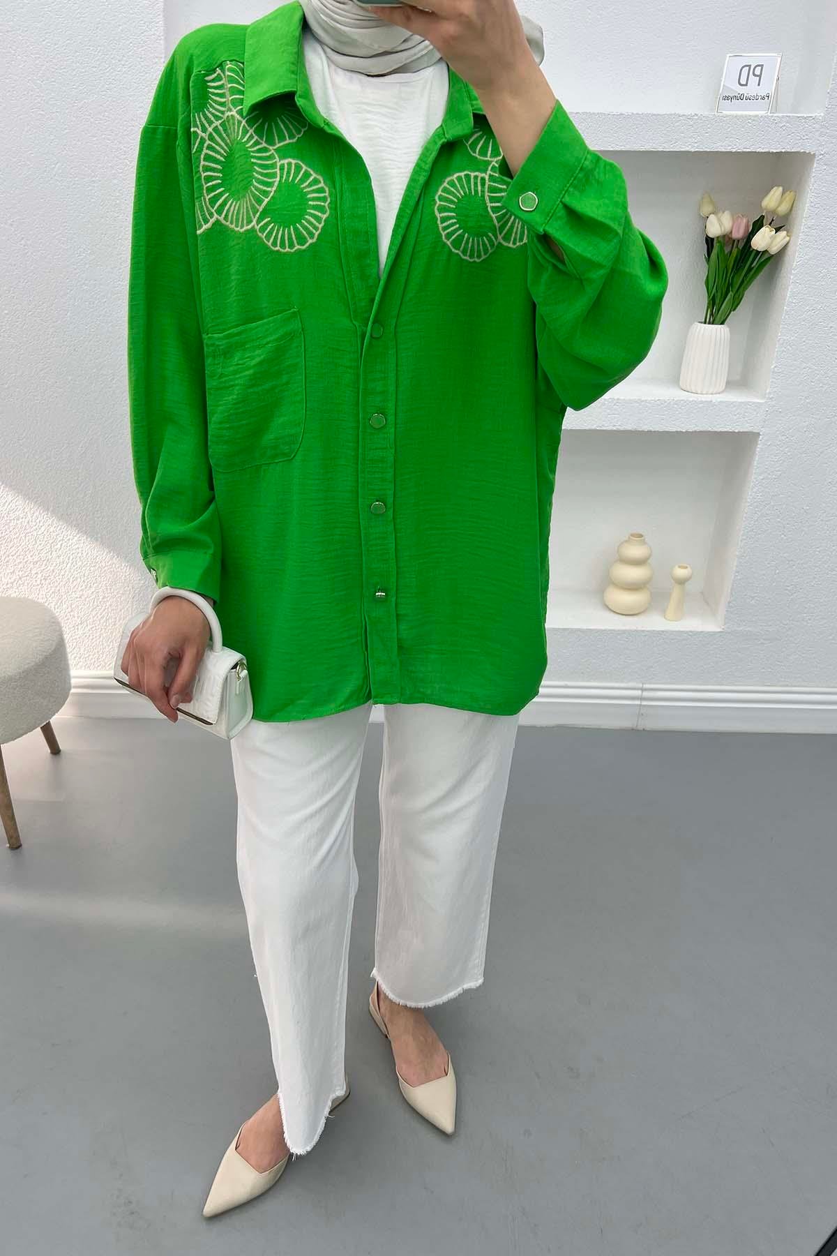 Nakışlı Oversize Gömlek Yeşil
