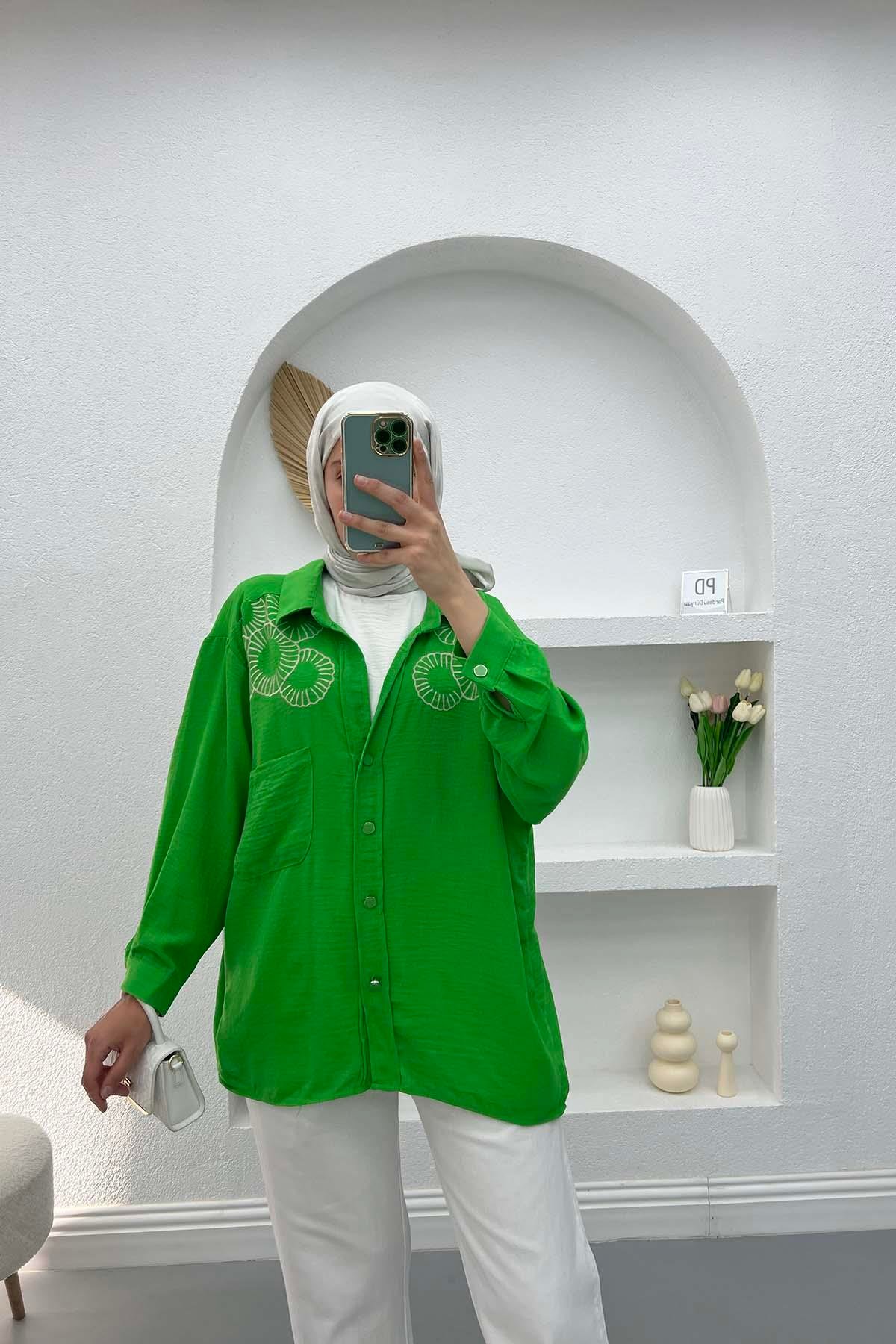 Nakışlı Oversize Gömlek Yeşil