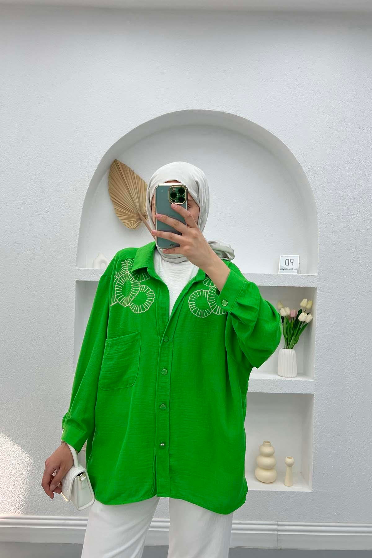 Nakışlı Oversize Gömlek Yeşil