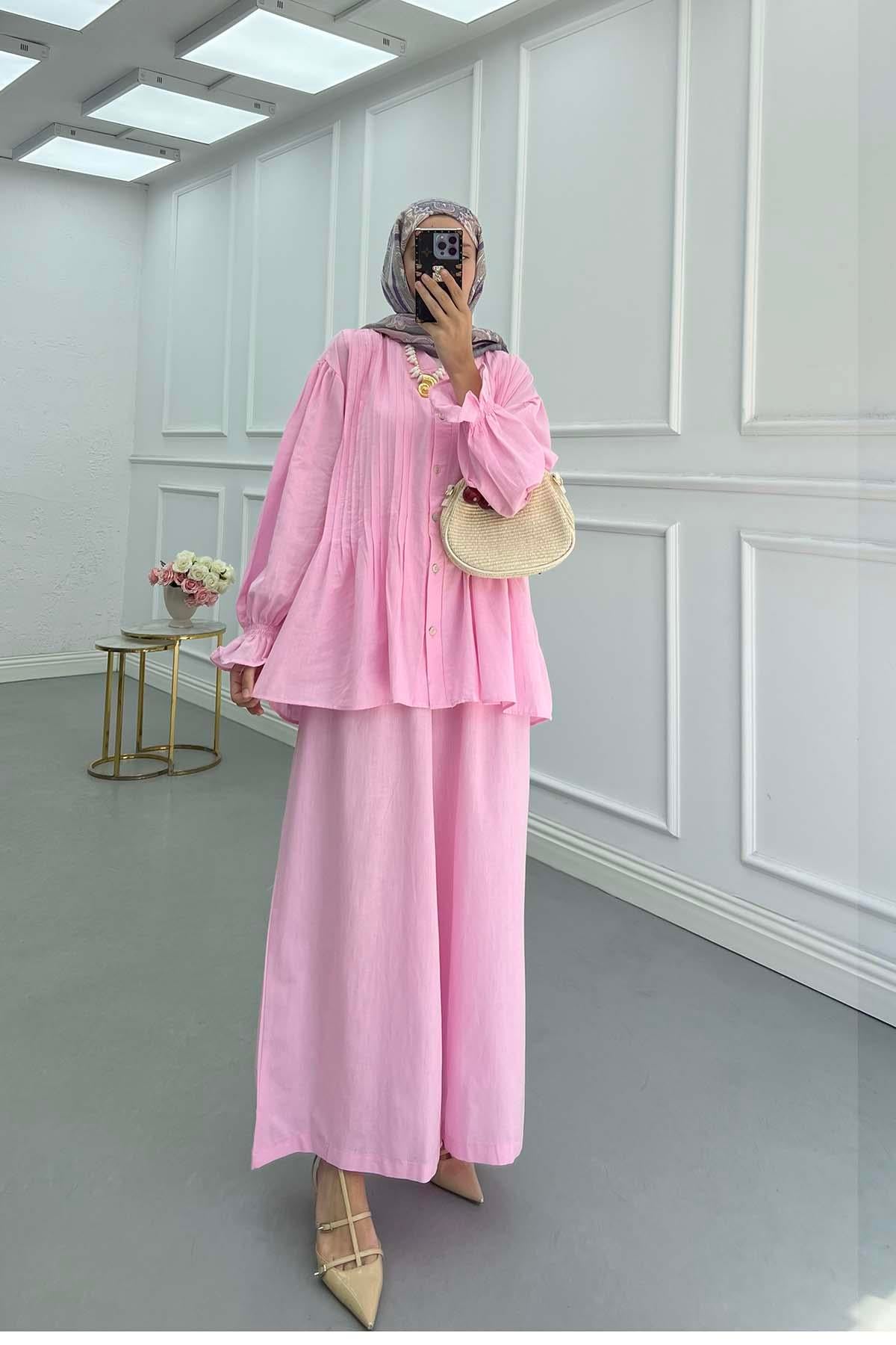 Nervürlü Manşet Detaylı Takım Pembe
