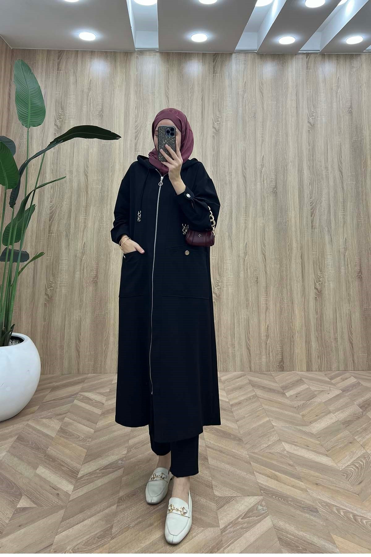 Nova Cepli Kapşonlu Spor Tunik Siyah