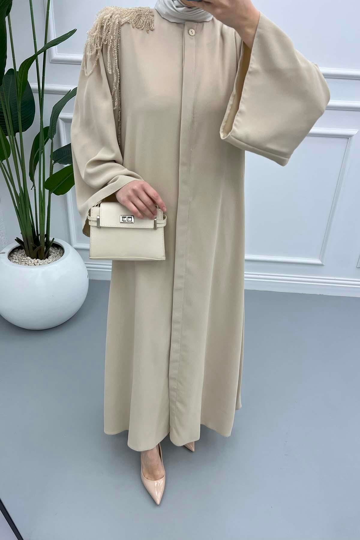 Omuz Boncuklu Abaya Bej
