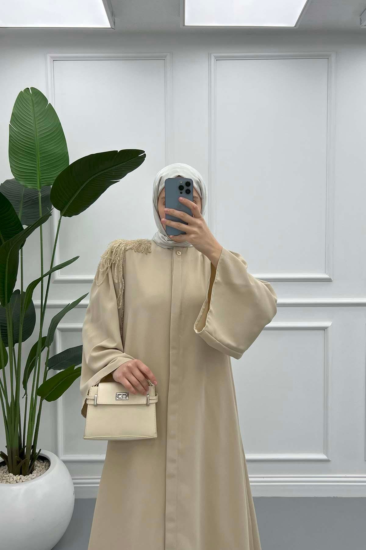 Omuz Boncuklu Abaya Bej
