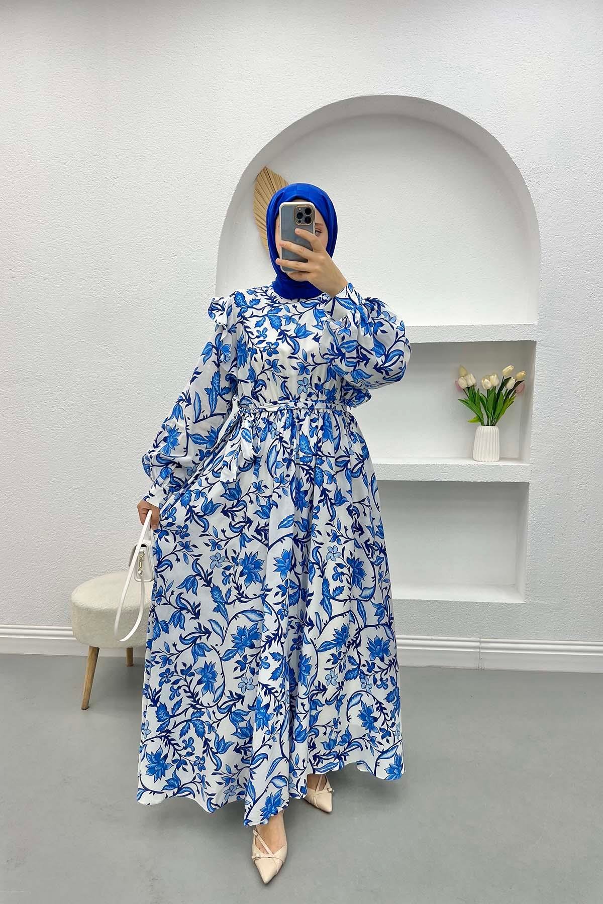 Omuz Fırfırlı Çiçekli Elbise Mavi