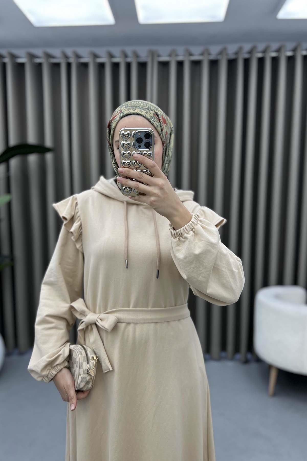 Omuz Fırfırlı Sweat Elbise Bej