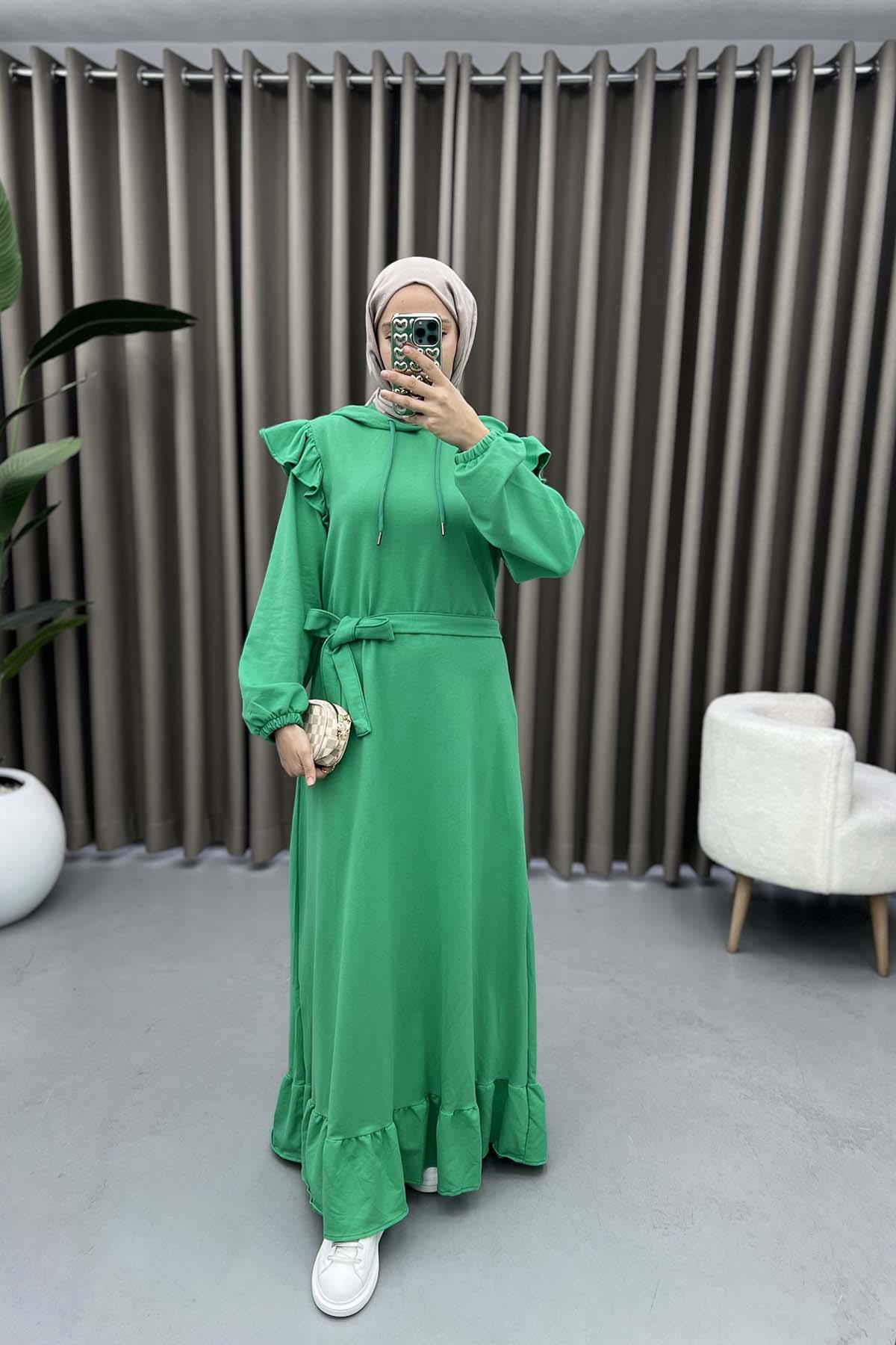 Omuz Fırfırlı Sweat Elbise Benetton Yeşil