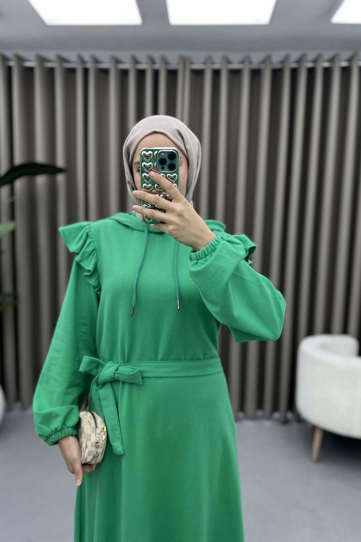 Omuz Fırfırlı Sweat Elbise Benetton Yeşil