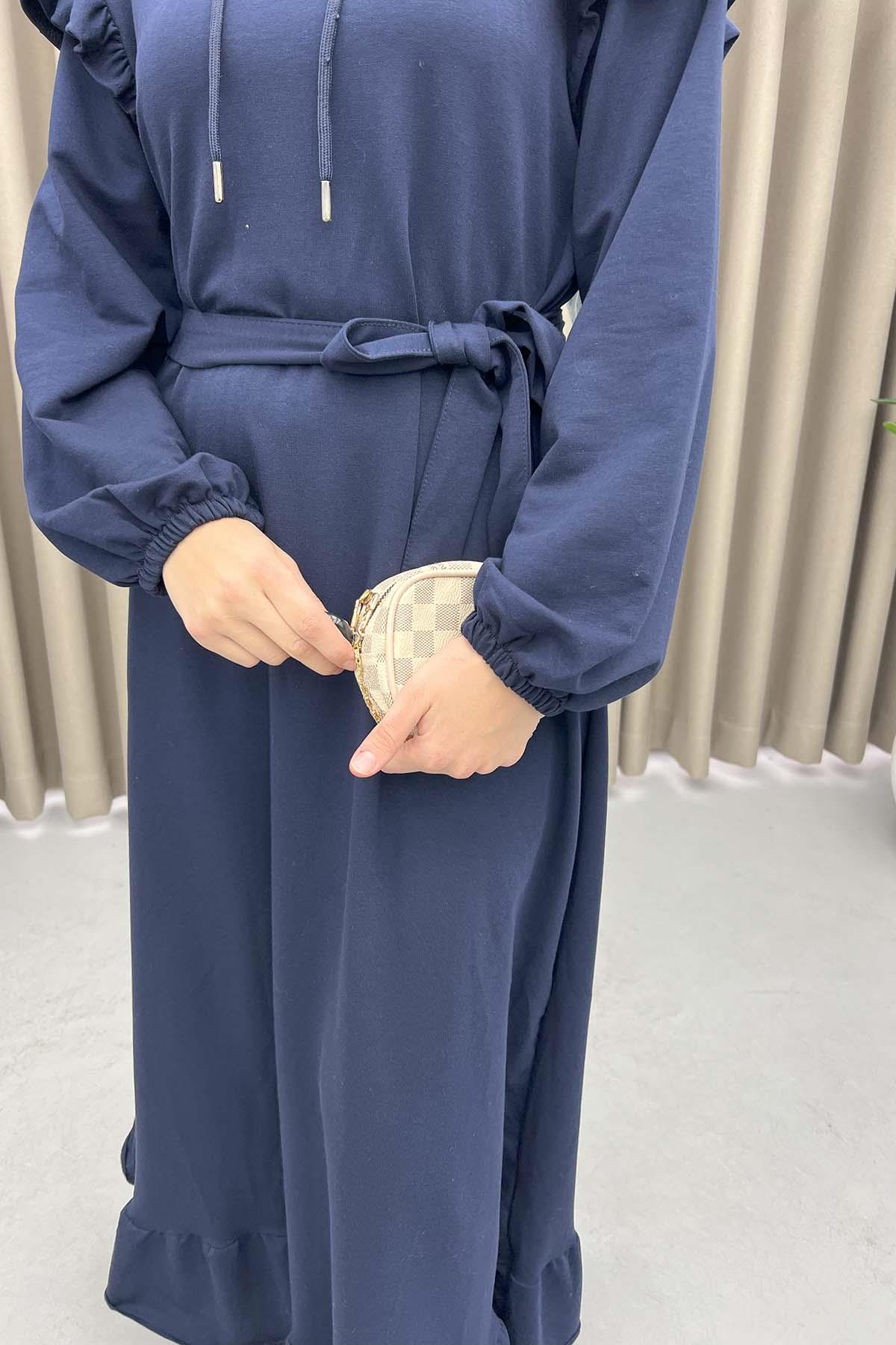 Omuz Fırfırlı Sweat Elbise Lacivert