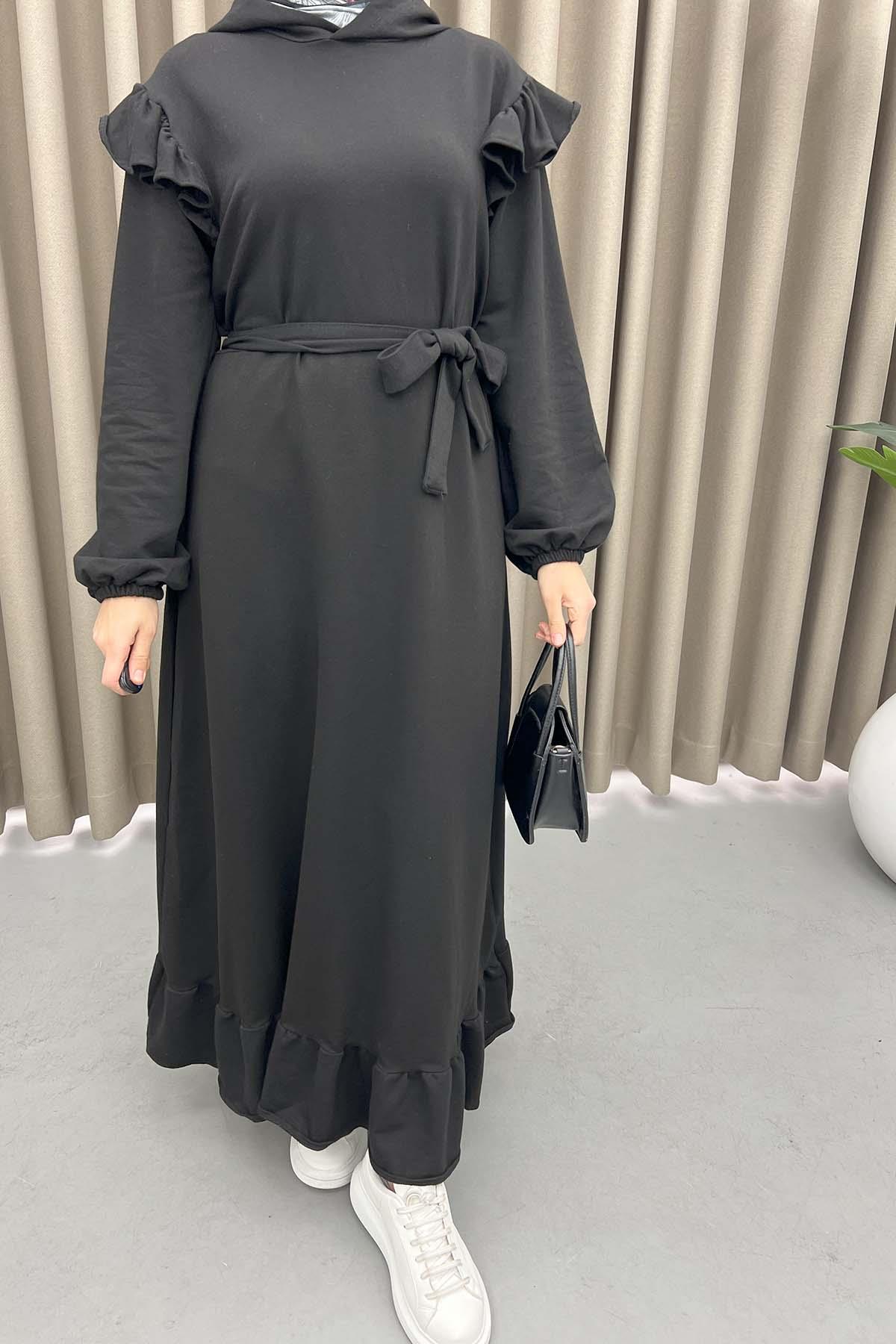 Omuz Fırfırlı Sweat Elbise Siyah