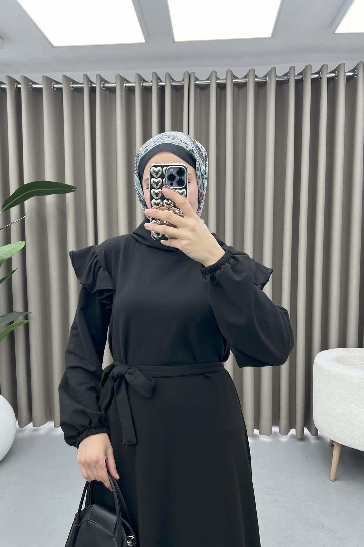 Omuz Fırfırlı Sweat Elbise Siyah