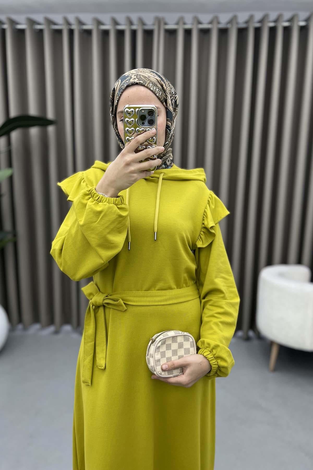 Omuz Fırfırlı Sweat Elbise Yağ Yeşili