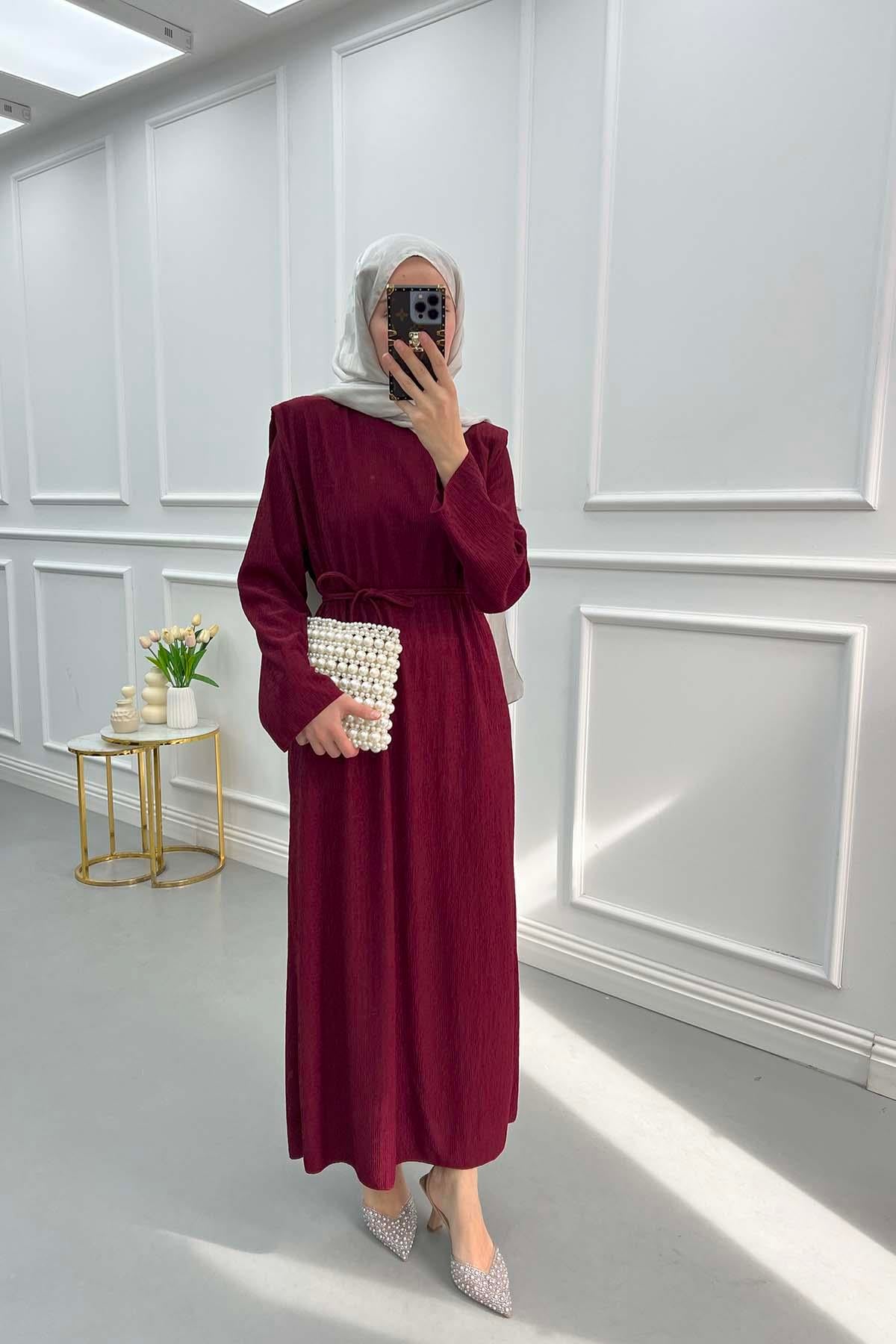 Omuz Vatkalı Bürümcük Elbise Bordo