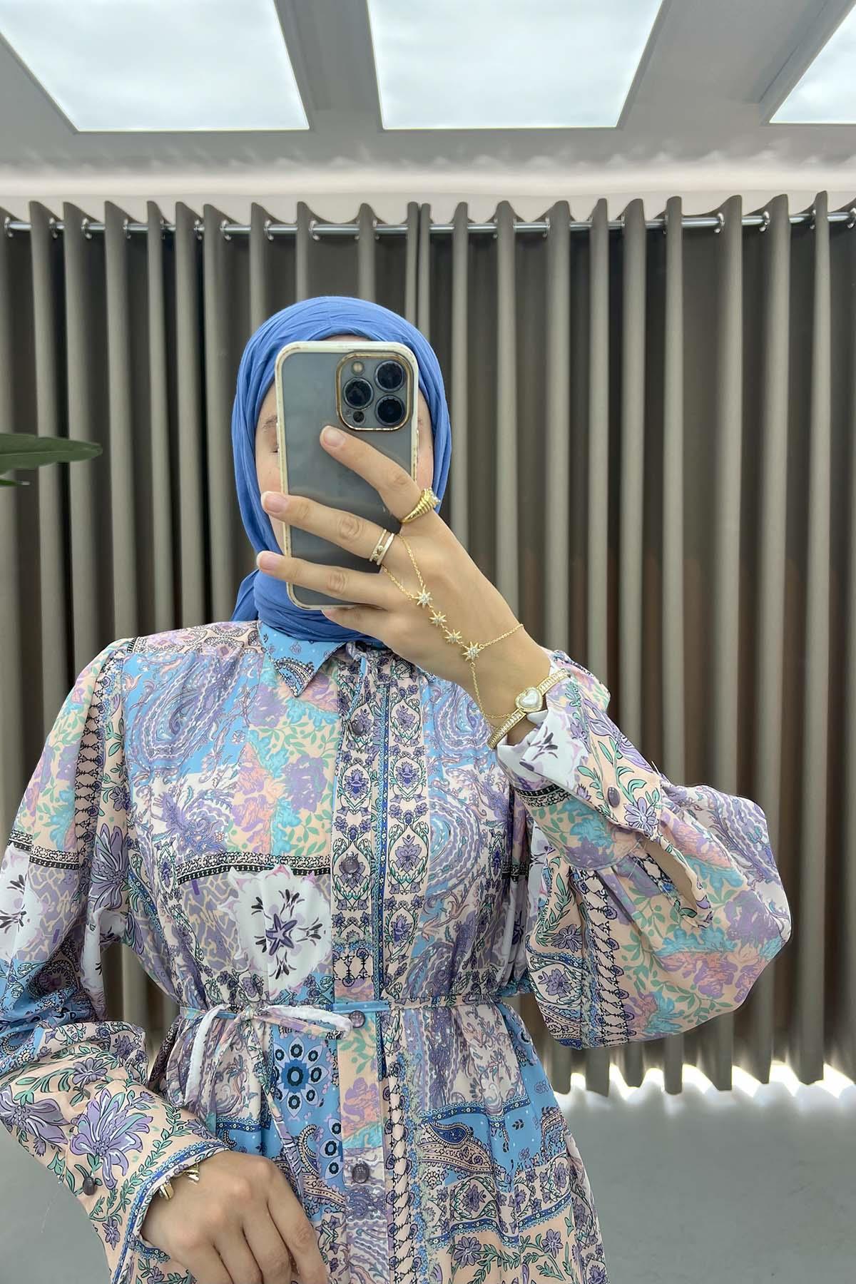 Omuz Vatkalı Desenli Elbise Lila