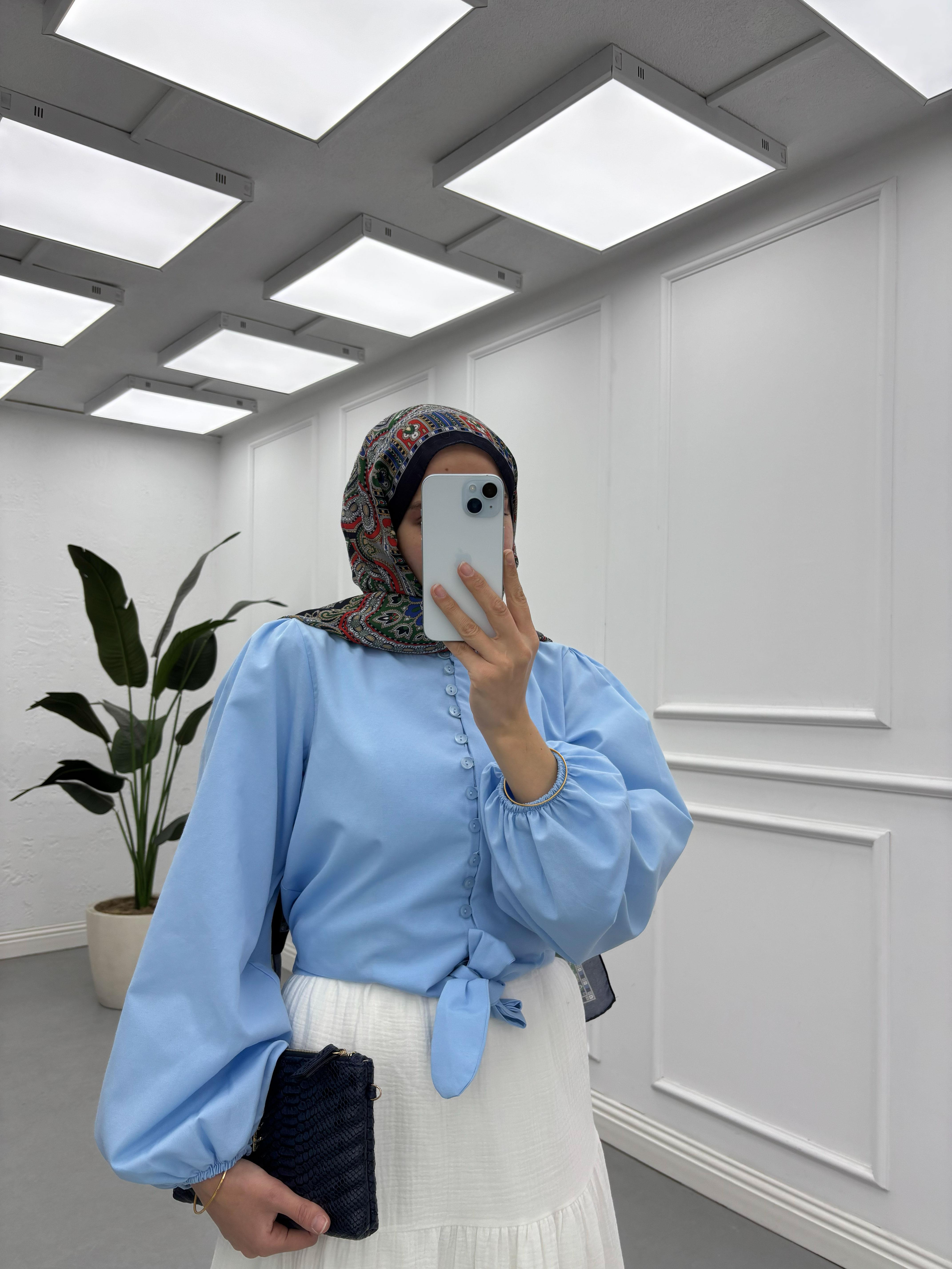 Önden Bağlama Detaylı Arkası Lastikli Crop Gömlek Bebe Mavi