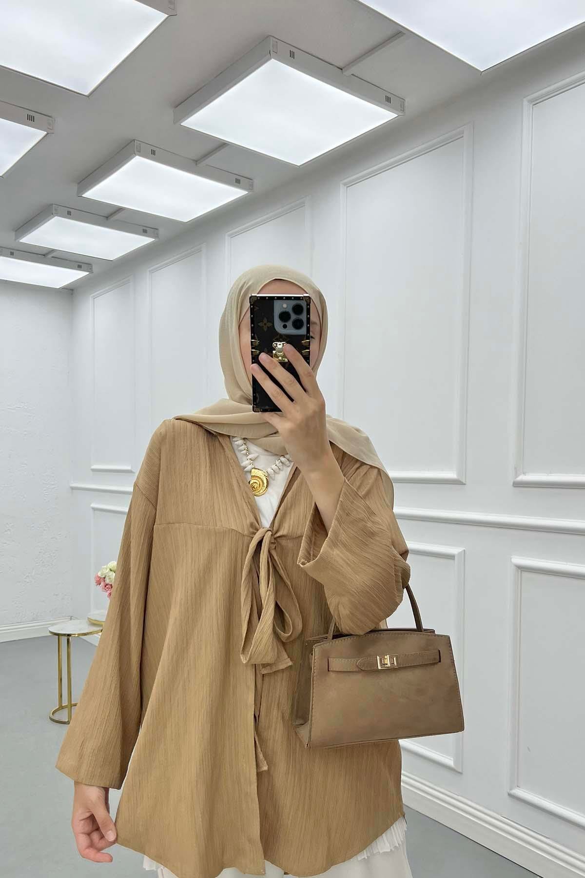 Önden Bağlamalı Bürümcük Gömlek Camel