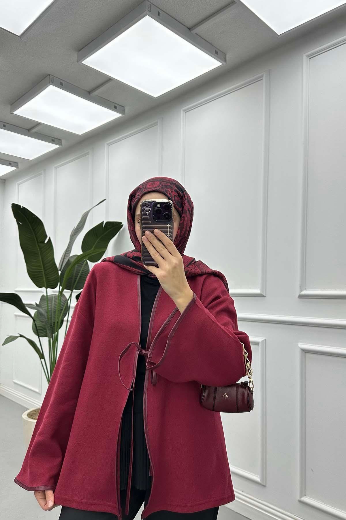 Önden Bağlamalı Deri Biyeli Ceket Bordo