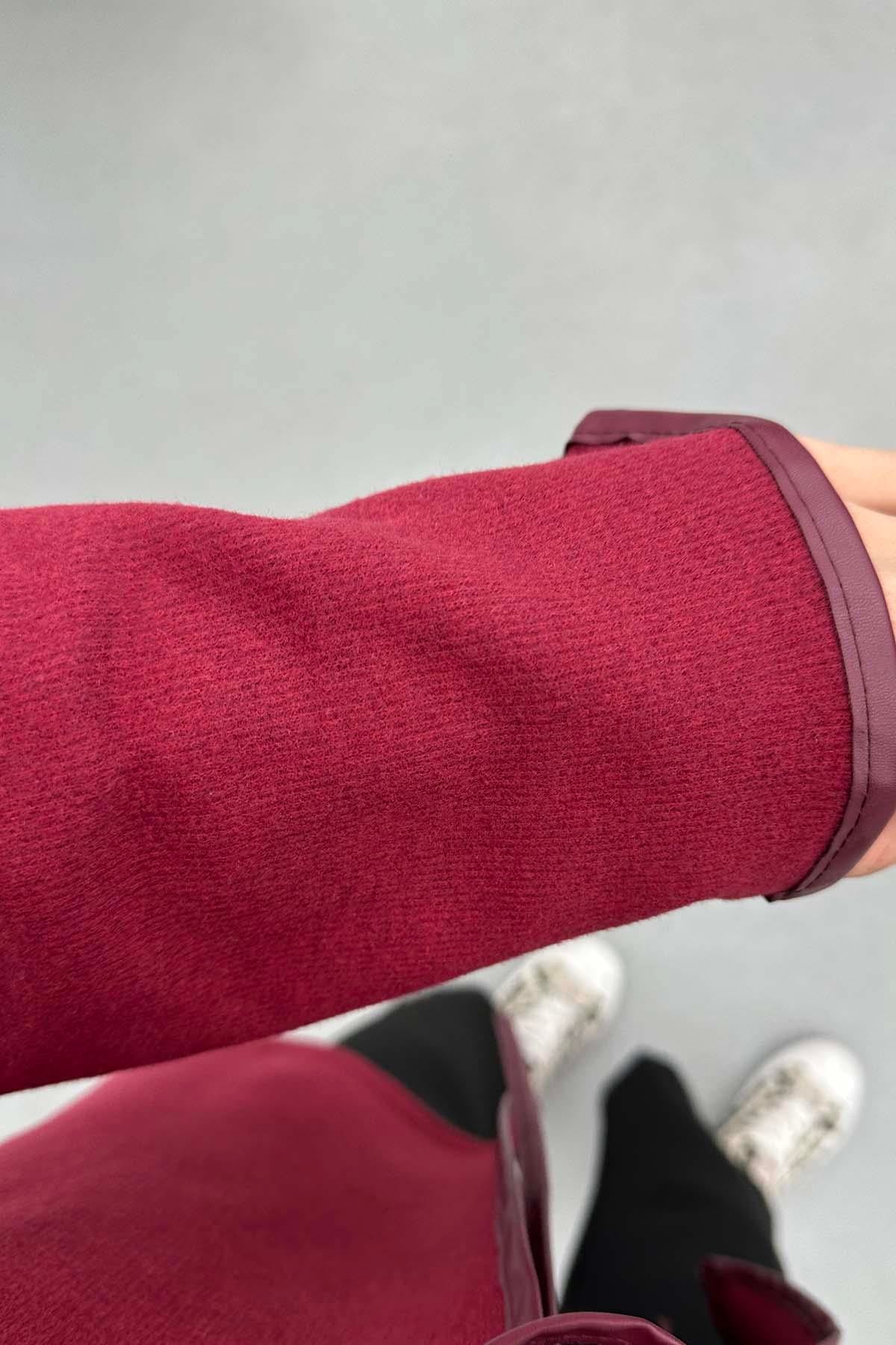Önden Bağlamalı Deri Biyeli Ceket Bordo