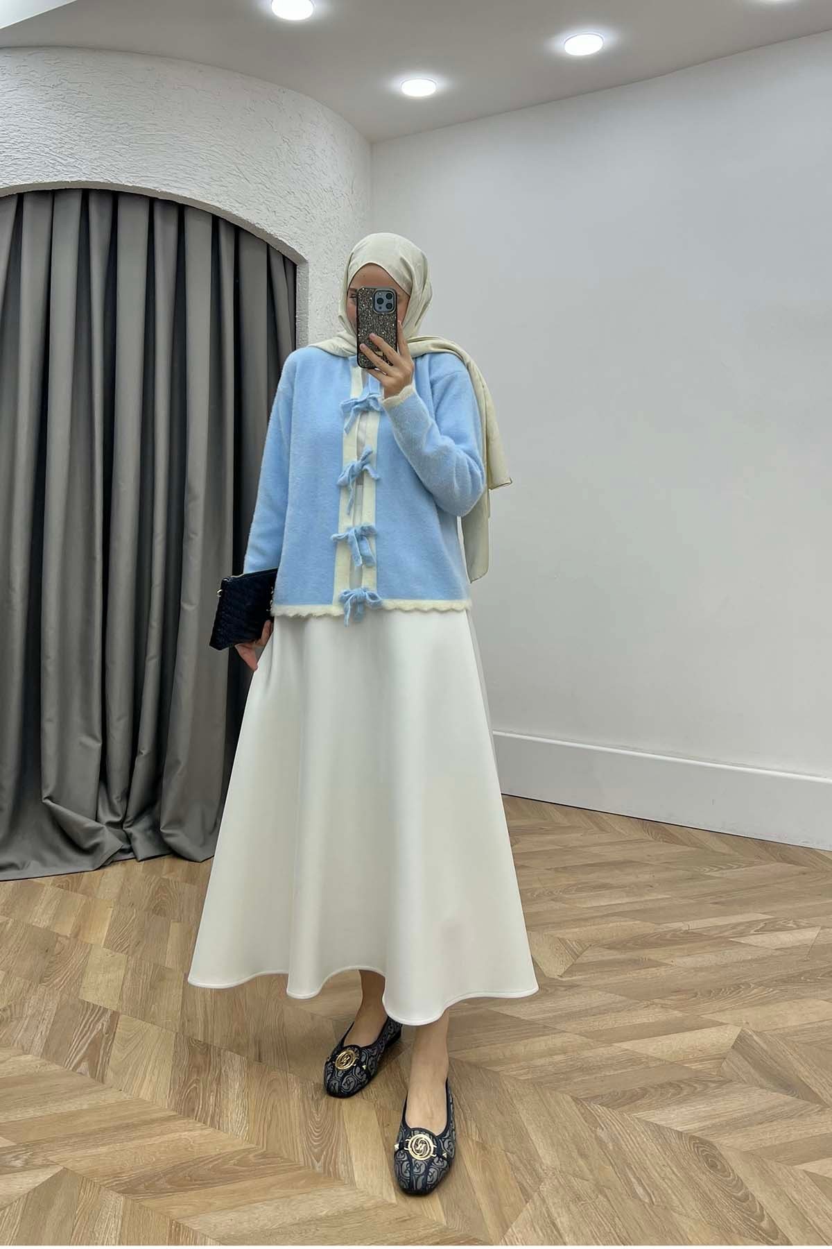 Önü Bağlamalı Bisiklet Yaka Angora Hırka Bebe Mavi