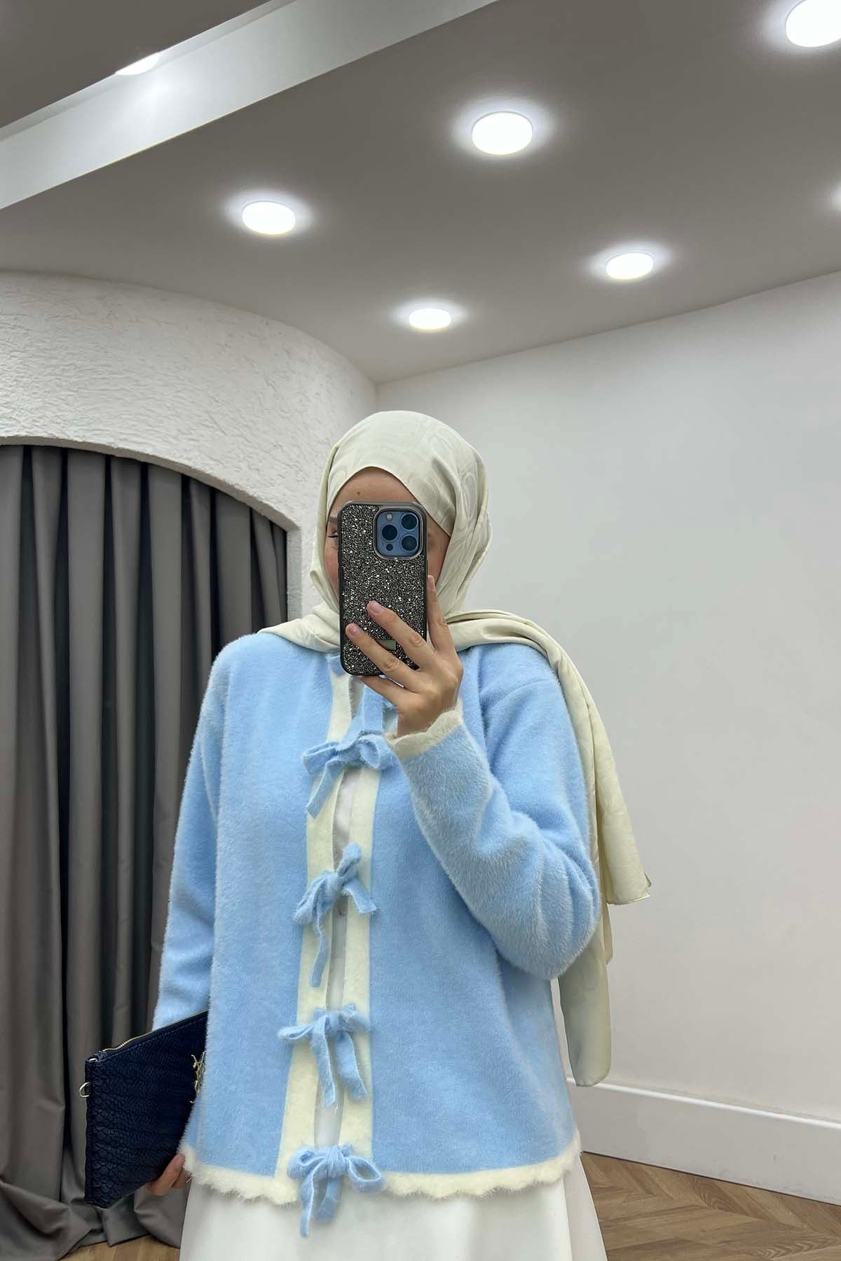 Önü Bağlamalı Bisiklet Yaka Angora Hırka Bebe Mavi