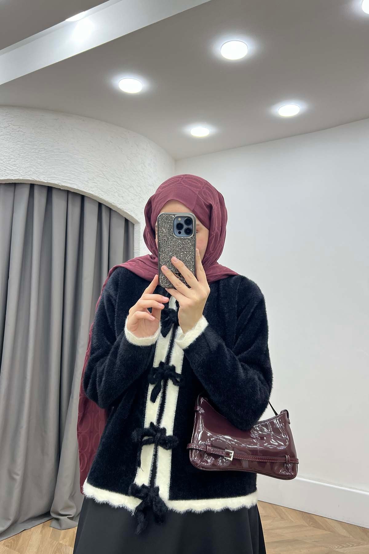 Önü Bağlamalı Bisiklet Yaka Angora Hırka Siyah