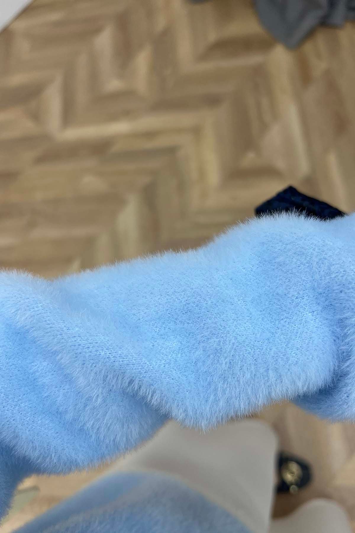 Önü Bağlamalı Bisiklet Yaka Angora Hırka Bebe Mavi